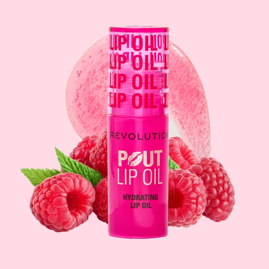 Revolution, Pout Lip Oil, Nourishing Tinted Lip Oil, High Shine, Non-Sticky Finish, Vegan & Cruelty-Free, Glam Pink Shimmer, 4ml