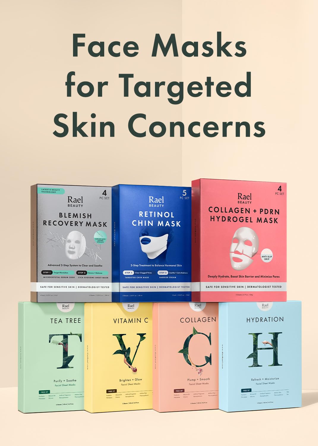 Rael Beauty Collagen + PDRN Face Masks - Korean Skincare for Glass Skin, Smoothing, Salmon PDRN & Hydrolyzed Collagen & Hyaluronic Acid, Anti-Slip Grip, Fragrance & PEGs & Cruelty Free (4 Sheets)