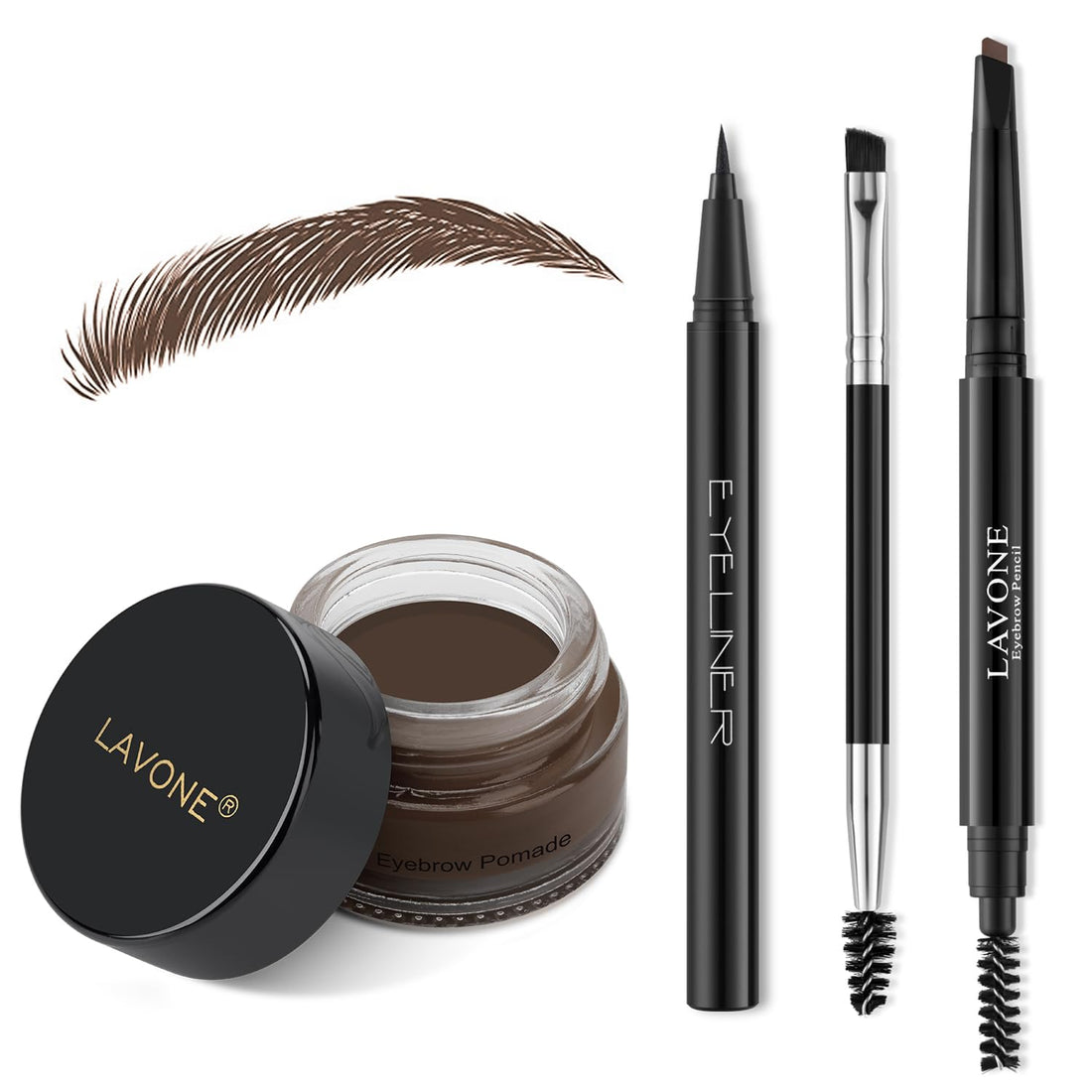 LAVONE Makeup Kit With Eyebrow Stamp Pencil, Waterproof Brow Pencil & Pomade, Eyeliner, Dual-ended Eyebrow Brush, Dark Brown
