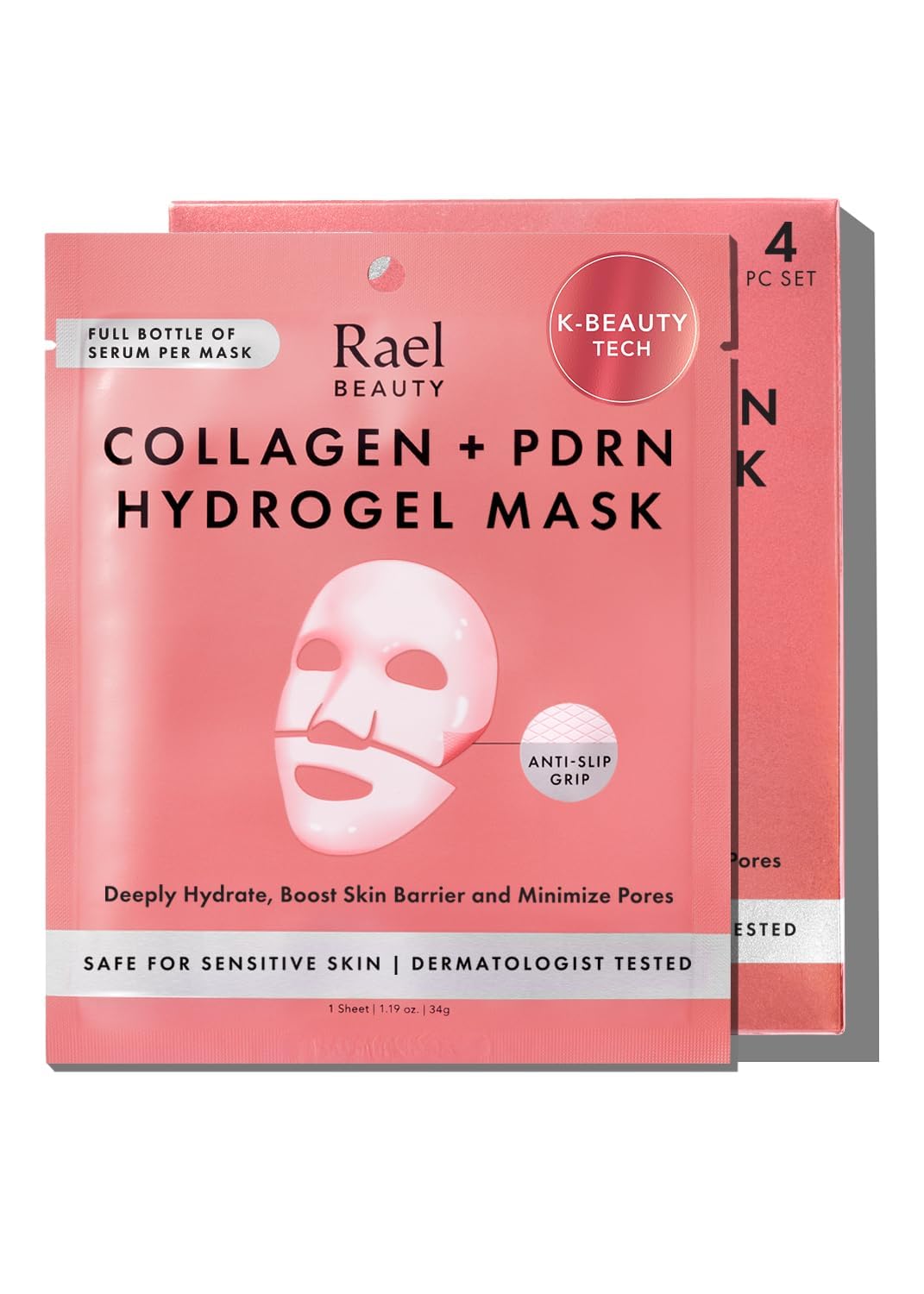 Rael Beauty Collagen + PDRN Face Masks - Korean Skincare for Glass Skin, Smoothing, Salmon PDRN & Hydrolyzed Collagen & Hyaluronic Acid, Anti-Slip Grip, Fragrance & PEGs & Cruelty Free (4 Sheets)