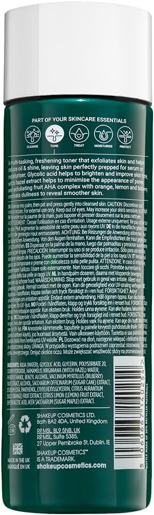 Shakeup Cosmetics Mens Skin Clearing Toner, Clarifying, Gently Exfoliates with Glycolic Acid & Witch Hazel, Reduces Oil & Shine, Vegan Formula, 200ml. Aka. FACE 4WARD CLARIFYING Toner