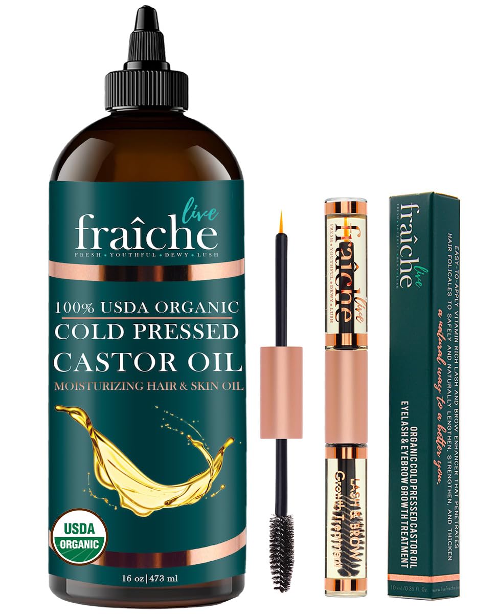 Live Fraiche Organic Castor Oil Lash Serum for Hair Growth, Eyebrow Eyelash Growth Serum, 100% Pure Cold Pressed Hexane Free (2oz Glass Bottle + FILLED Mascara Tube) Halalzen
