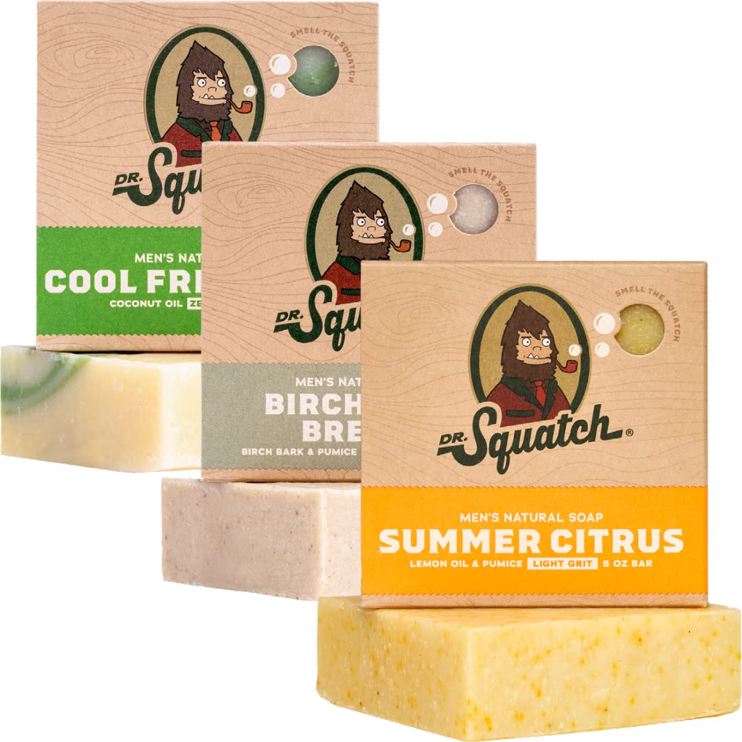 Dr. Squatch Natural Men’s Bar Soap - Cold Process Body Soap Bar with Natural Oils - Gifts for Men - Birchwood Breeze, Fresh Falls & Wood Barrel Bourbon (5 oz, 3-Pack)