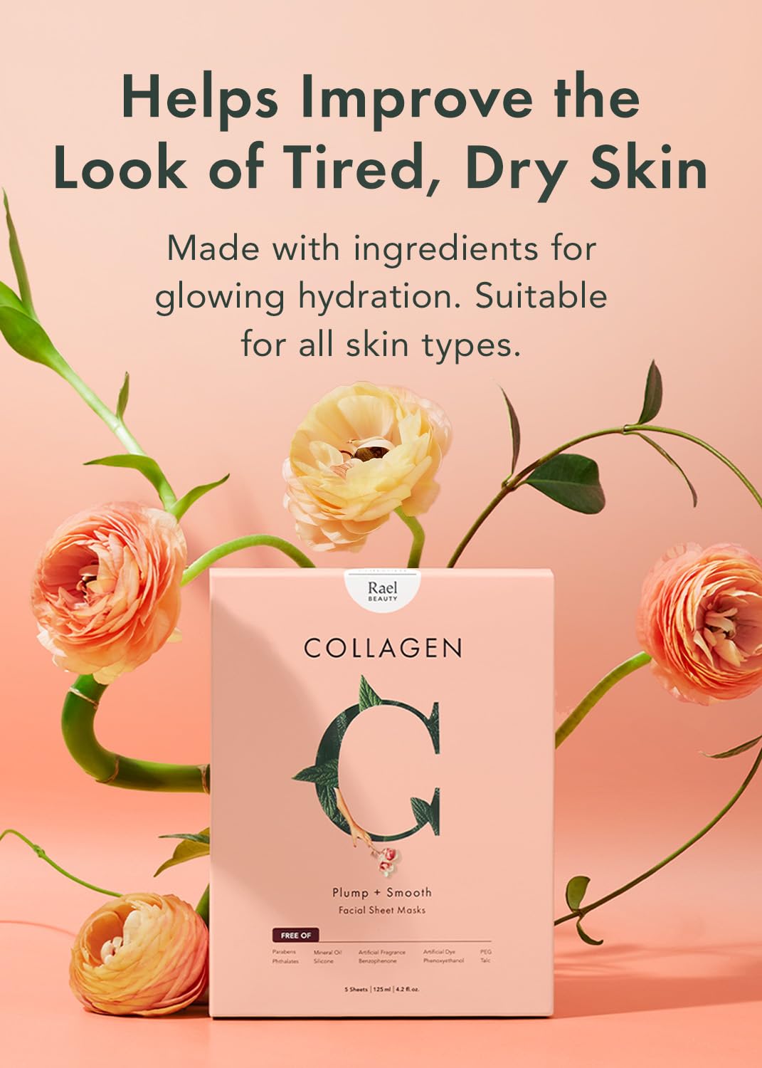 Rael Beauty Collagen + PDRN Face Masks - Korean Skincare for Glass Skin, Smoothing, Salmon PDRN & Hydrolyzed Collagen & Hyaluronic Acid, Anti-Slip Grip, Fragrance & PEGs & Cruelty Free (4 Sheets)