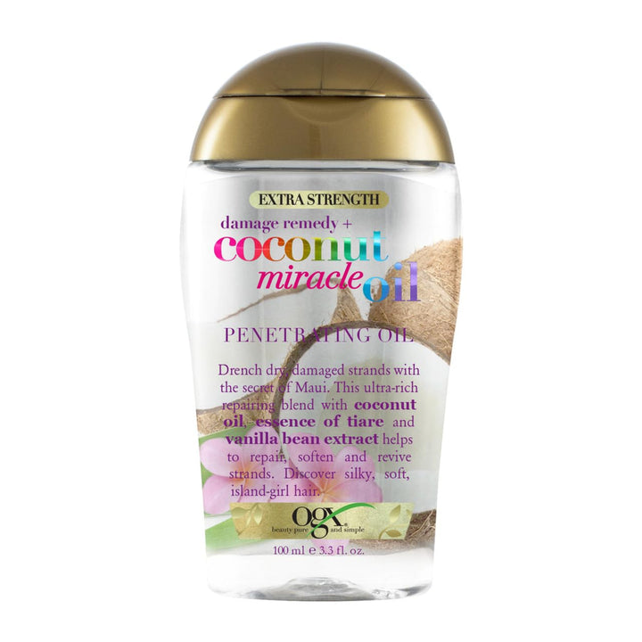 OGX Coconut Miracle Oil Extra Strength Penetrating Hair Oil for Dry, Damaged, and Frizzy Hair, Intense Hydration, Frizz Control, and Shine with Coconut Oil, Tiare, and Vanilla Bean Extracts, 100 ml Halalzen