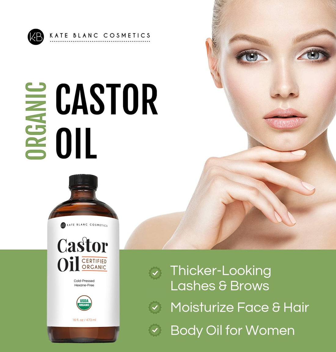 Kate Blanc Cosmetics Castor Oil Organic for Hair, Lashes, Face, Skin (2oz), 100% Pure, Cold Pressed, Hexane Free Hair Oil. Lash Serum for Thicker-Looking Eyelashes & Eyebrows Halalzen