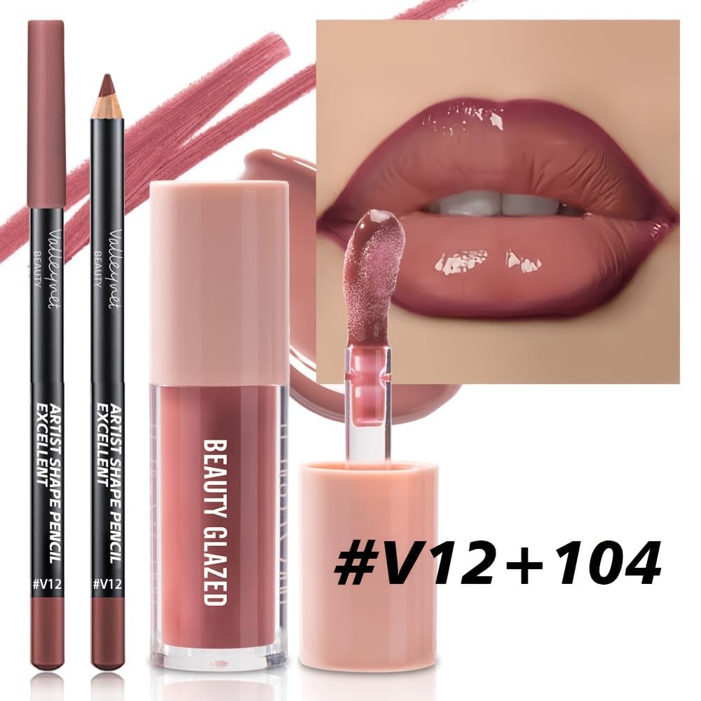 Lip Gloss and Lip Liner Set, Tinted Lip Gloss with Lip Pencil, Waterproof Long Lasting Glossy Lip Combo, Nude Lip Makeup Kit for Women (#V02+104) Halalzen