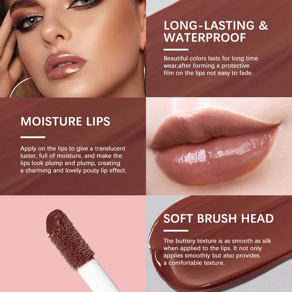Lip Gloss and Lip Liner Set, Tinted Lip Gloss with Lip Pencil, Waterproof Long Lasting Glossy Lip Combo, Nude Lip Makeup Kit for Women (#V02+104) Halalzen