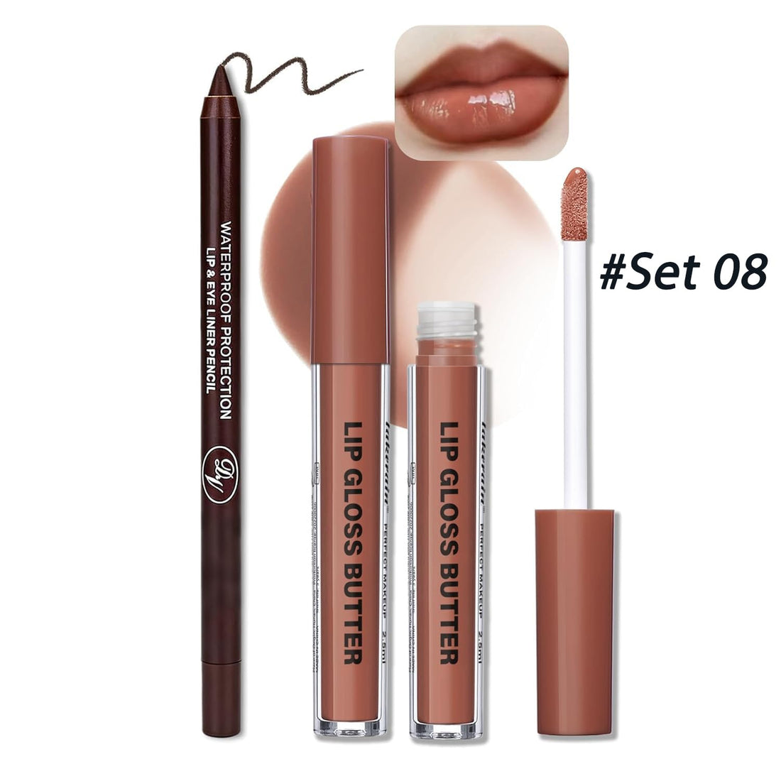 Lip Gloss and Lip Liner Set, Tinted Lip Gloss with Lip Pencil, Waterproof Long Lasting Glossy Lip Combo, Nude Lip Makeup Kit for Women (#V02+104) Halalzen