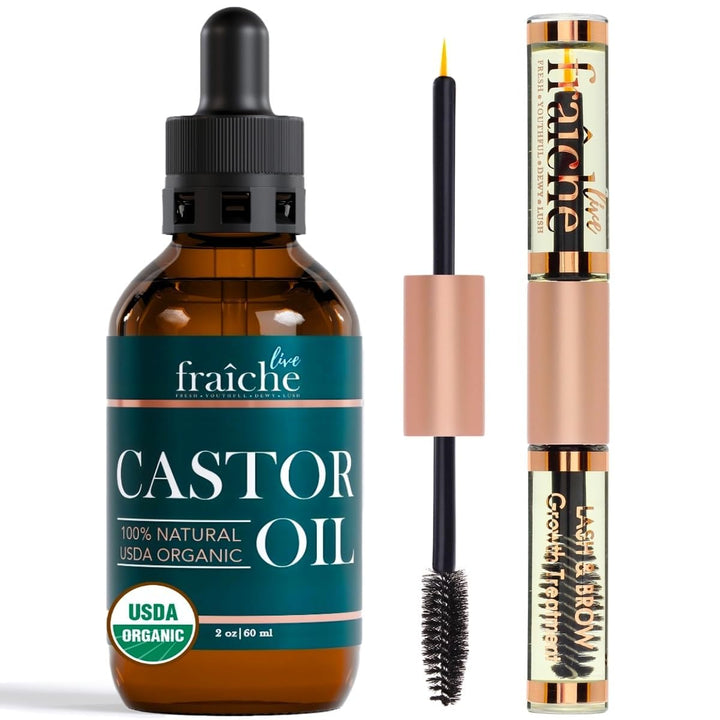 Live Fraiche Organic Castor Oil Lash Serum for Hair Growth, Eyebrow Eyelash Growth Serum, 100% Pure Cold Pressed Hexane Free (2oz Glass Bottle + FILLED Mascara Tube) Halalzen