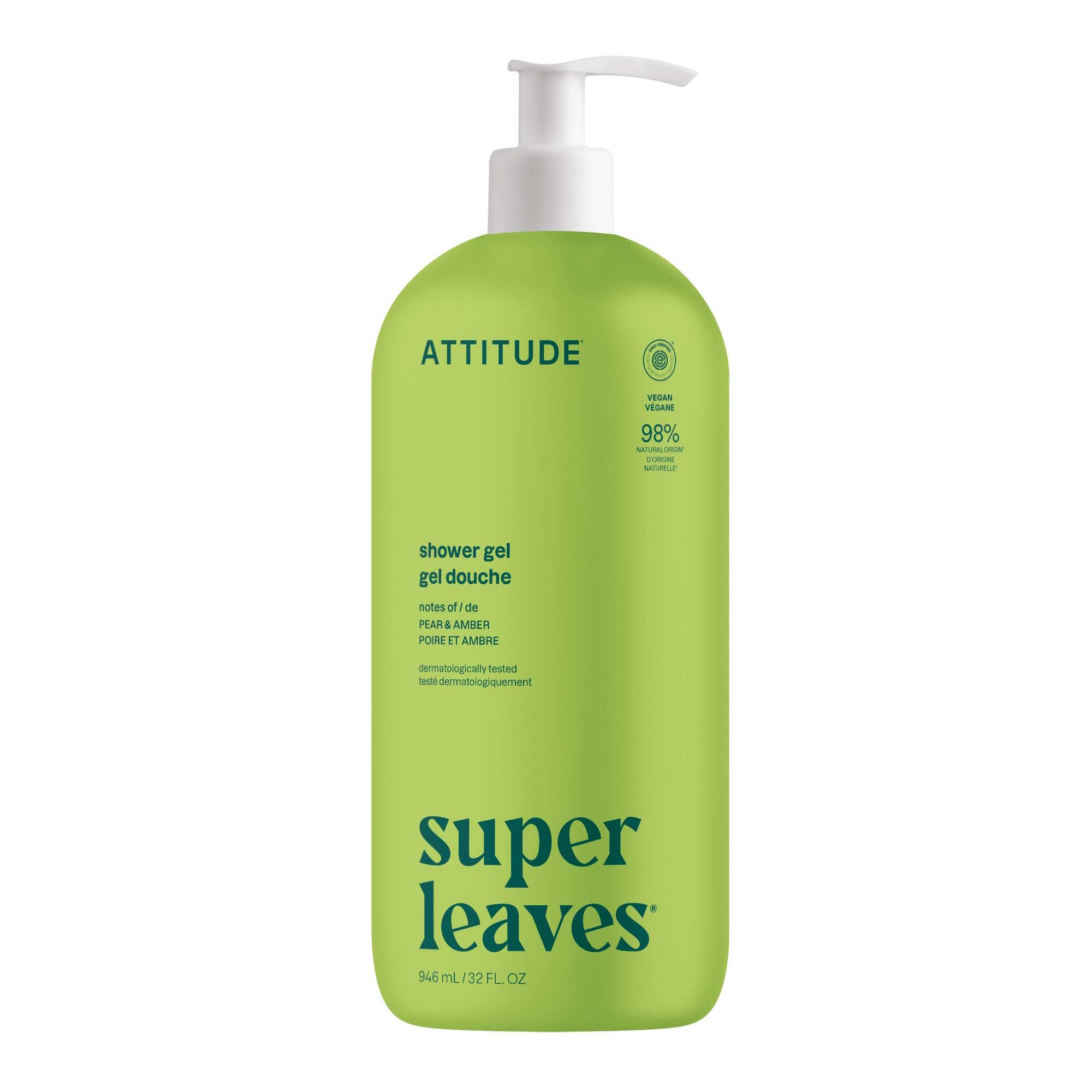ATTITUDE Soothing Shower Gel, Dermatologically Tested, Plant and Mineral-Based, Vegan Personal Care Products, White Tea Leaves, 32 Fl Oz