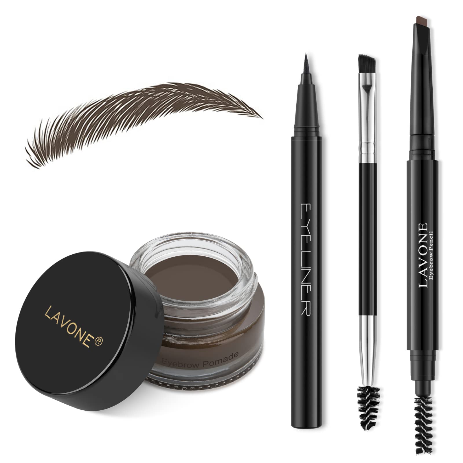 LAVONE Makeup Kit With Eyebrow Stamp Pencil, Waterproof Brow Pencil & Pomade, Eyeliner, Dual-ended Eyebrow Brush, Dark Brown