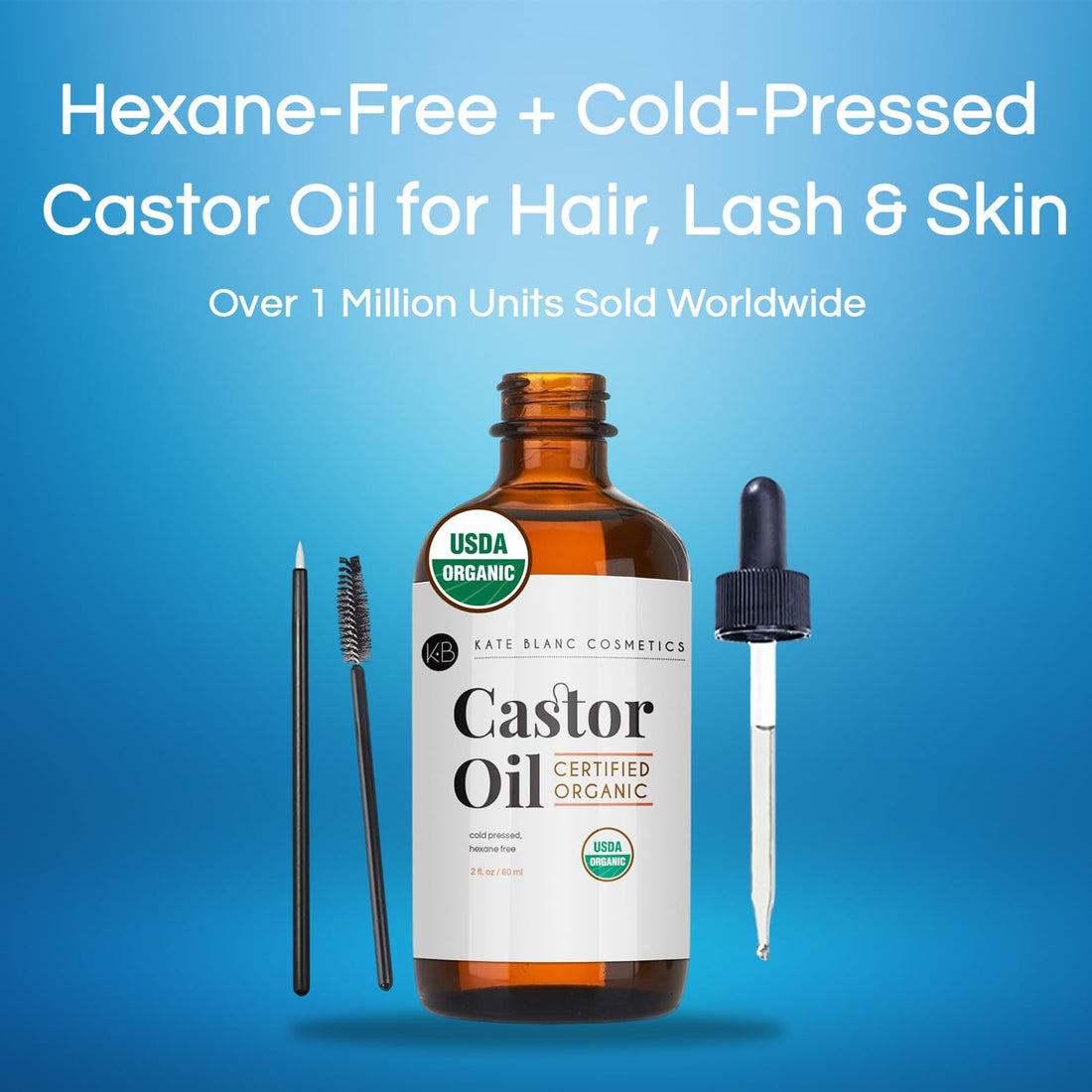 Kate Blanc Cosmetics Castor Oil Organic for Hair, Lashes, Face, Skin (2oz), 100% Pure, Cold Pressed, Hexane Free Hair Oil. Lash Serum for Thicker-Looking Eyelashes & Eyebrows Halalzen