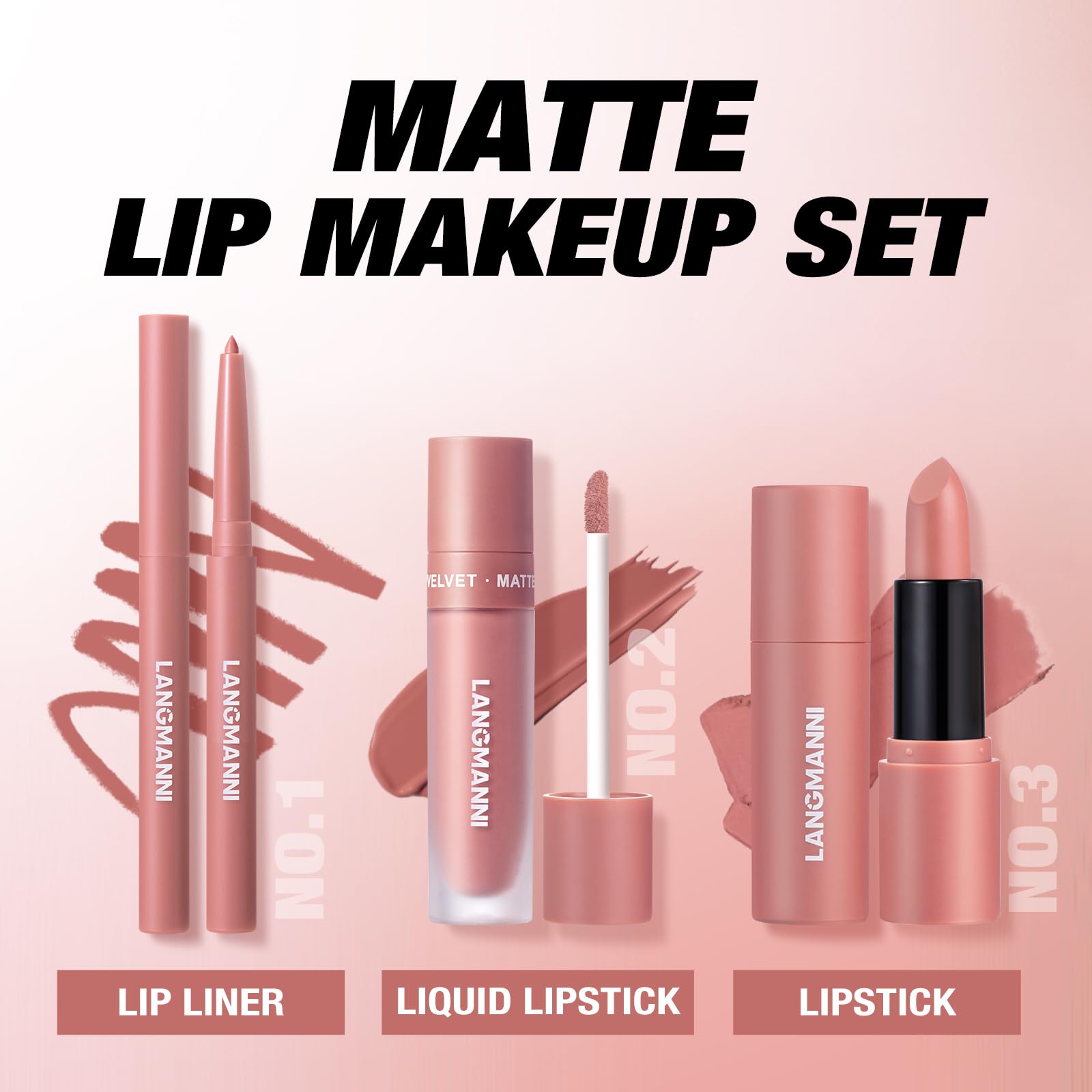 3PCS Matte Liquid Lipstick Lip Gloss & Liner Set - All-IN-One Lip Kit, Velvety Nude Color, Waterproof Make Up Set (# 03) Halalzen
