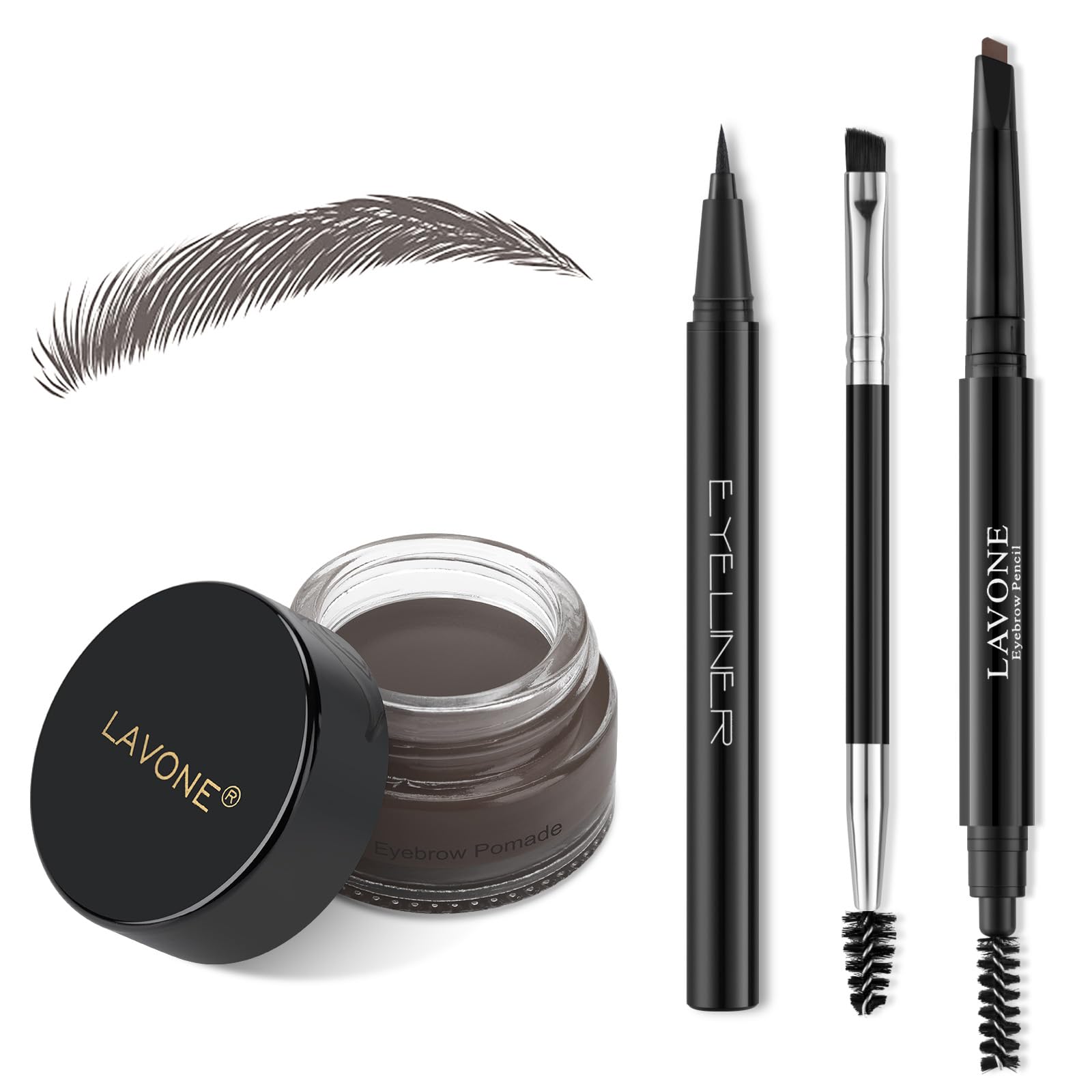 LAVONE Makeup Kit With Eyebrow Stamp Pencil, Waterproof Brow Pencil & Pomade, Eyeliner, Dual-ended Eyebrow Brush, Dark Brown