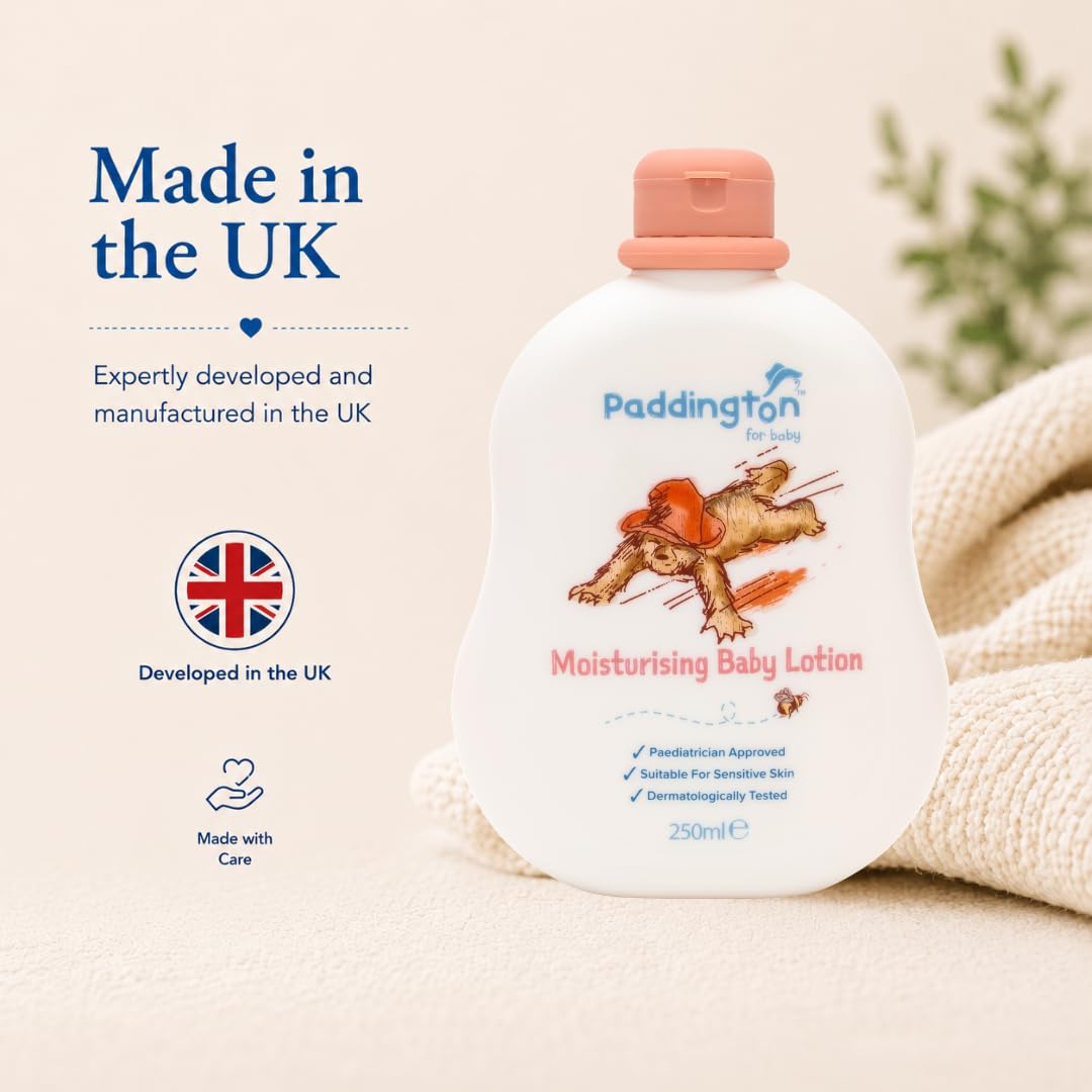 Paddington Bear Moisturising Baby Lotion 250ml – Gentle Baby Moisturiser for Newborns & Sensitive Skin – Paediatrician Approved, Dermatologically Tested, 97% Naturally Derived Ingredients Halalzen