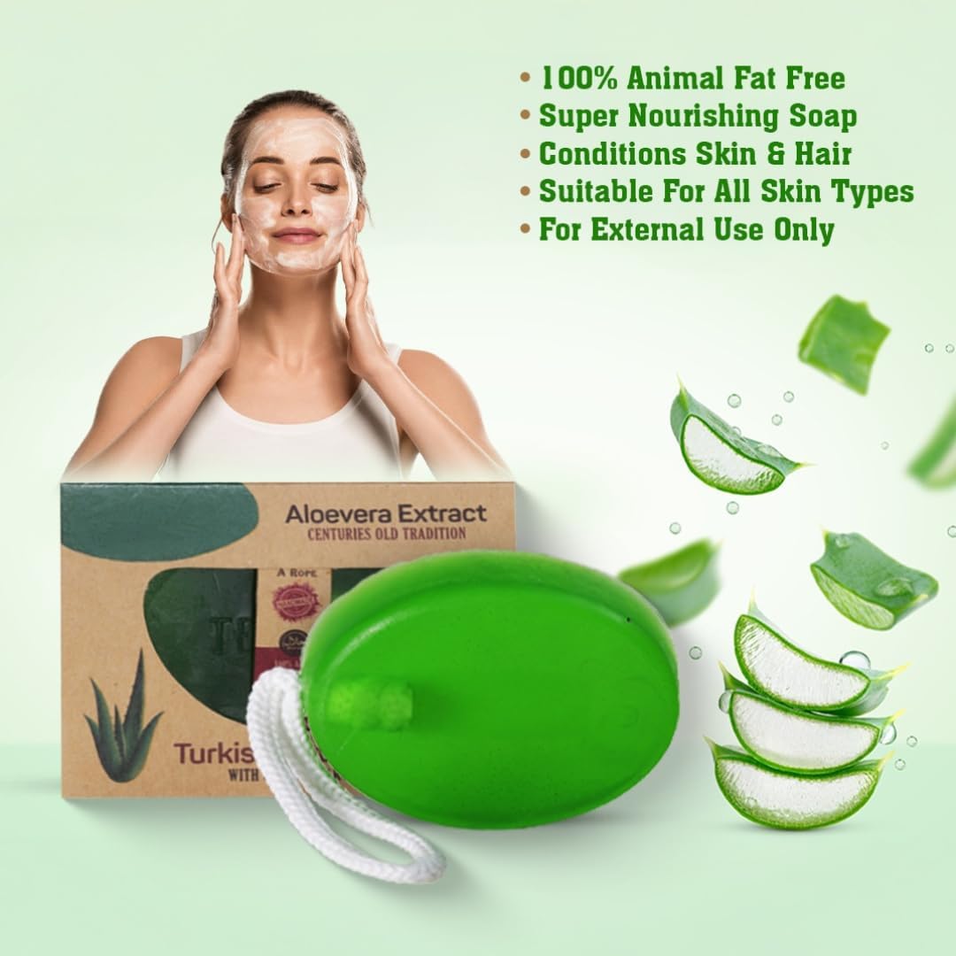 Aloe Vera Extract Turkish Bath Soap with Rope, Vegan Moisturizing Cleansing Bar for Sensitive Skin, Plant Based, 2 Pack Halalzen