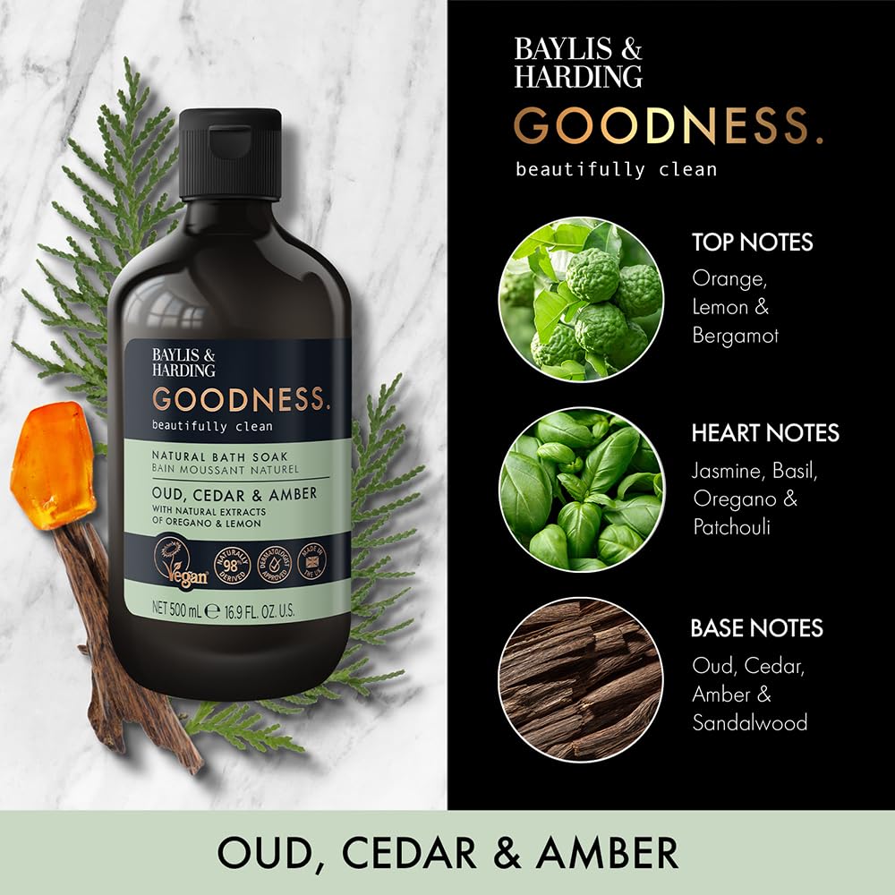 Baylis & Harding Goodness Oud, Cedar and Amber Body Wash, 500 ml (Pack of 3) - Vegan Friendly