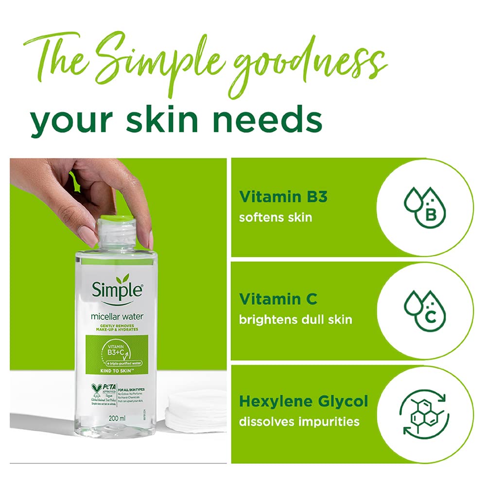 Simple Kind to Skin Cleansing Water Micellar 90% hydration boost facial cleanser and makeup remover, 200ml Halalzen