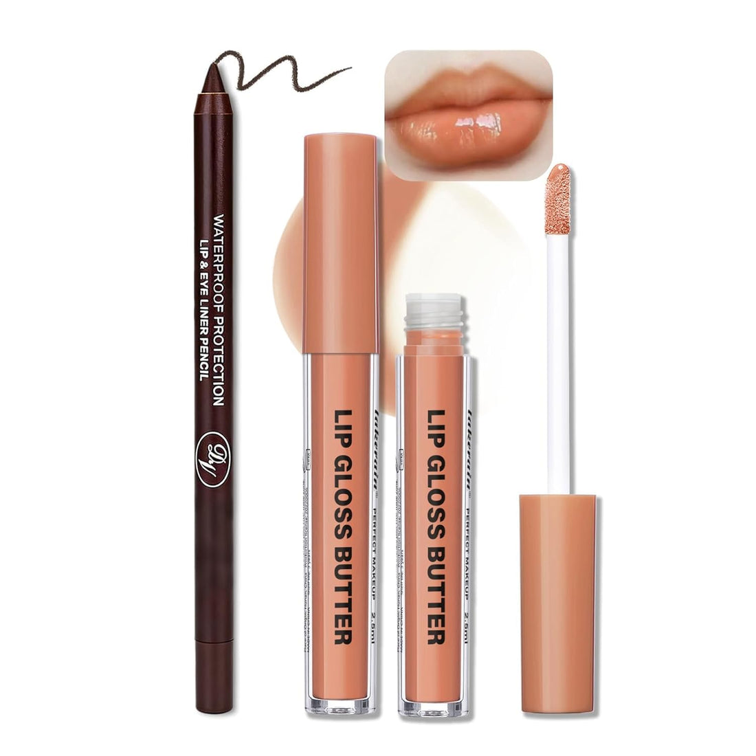 Lip Gloss and Lip Liner Set, Tinted Lip Gloss with Lip Pencil, Waterproof Long Lasting Glossy Lip Combo, Nude Lip Makeup Kit for Women (#V02+104) Halalzen