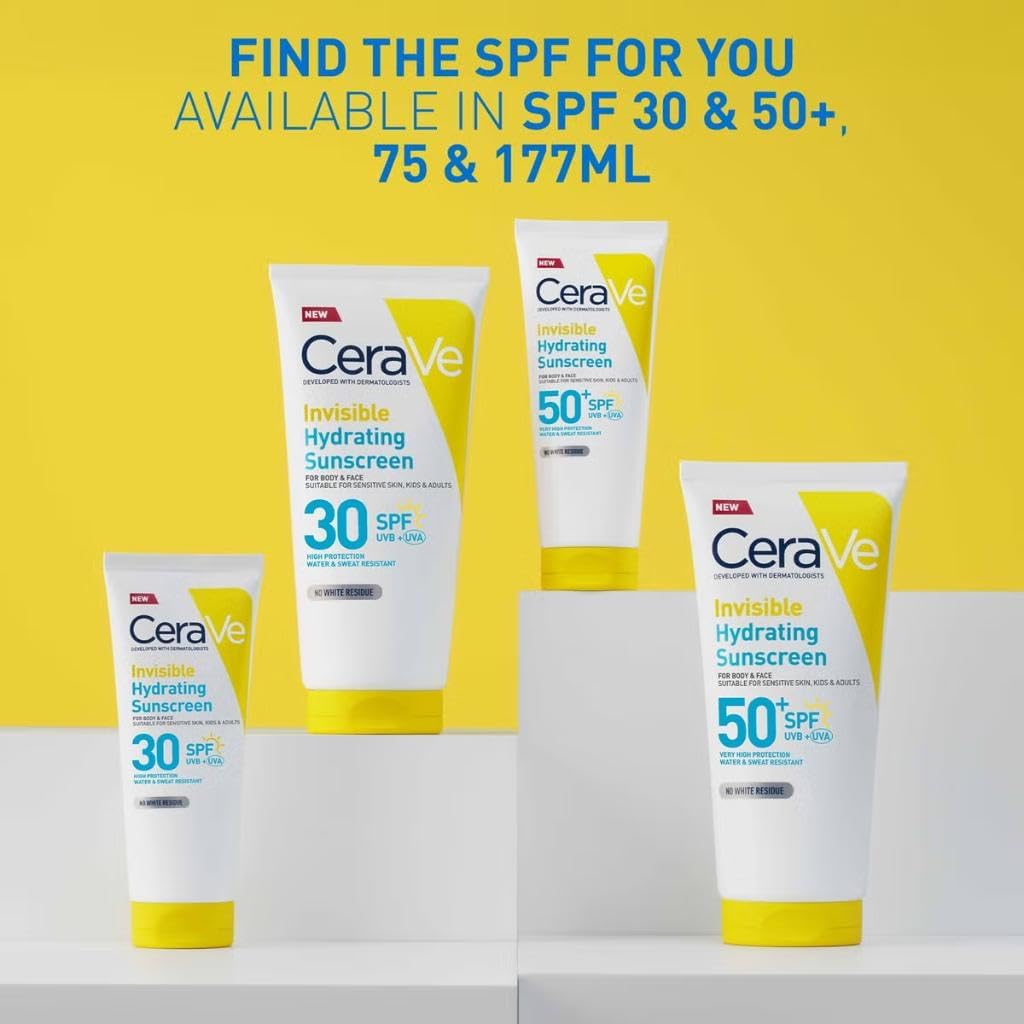 CeraVe Invisible Hydrating Sunscreen SPF 50+, Broad Spectrum UVB UVA Protection, With 3 Essential Ceramides, MVE Technology, Body and Face, For Sensitive Skin, Kids & Adults, Water Resistant, 75ml