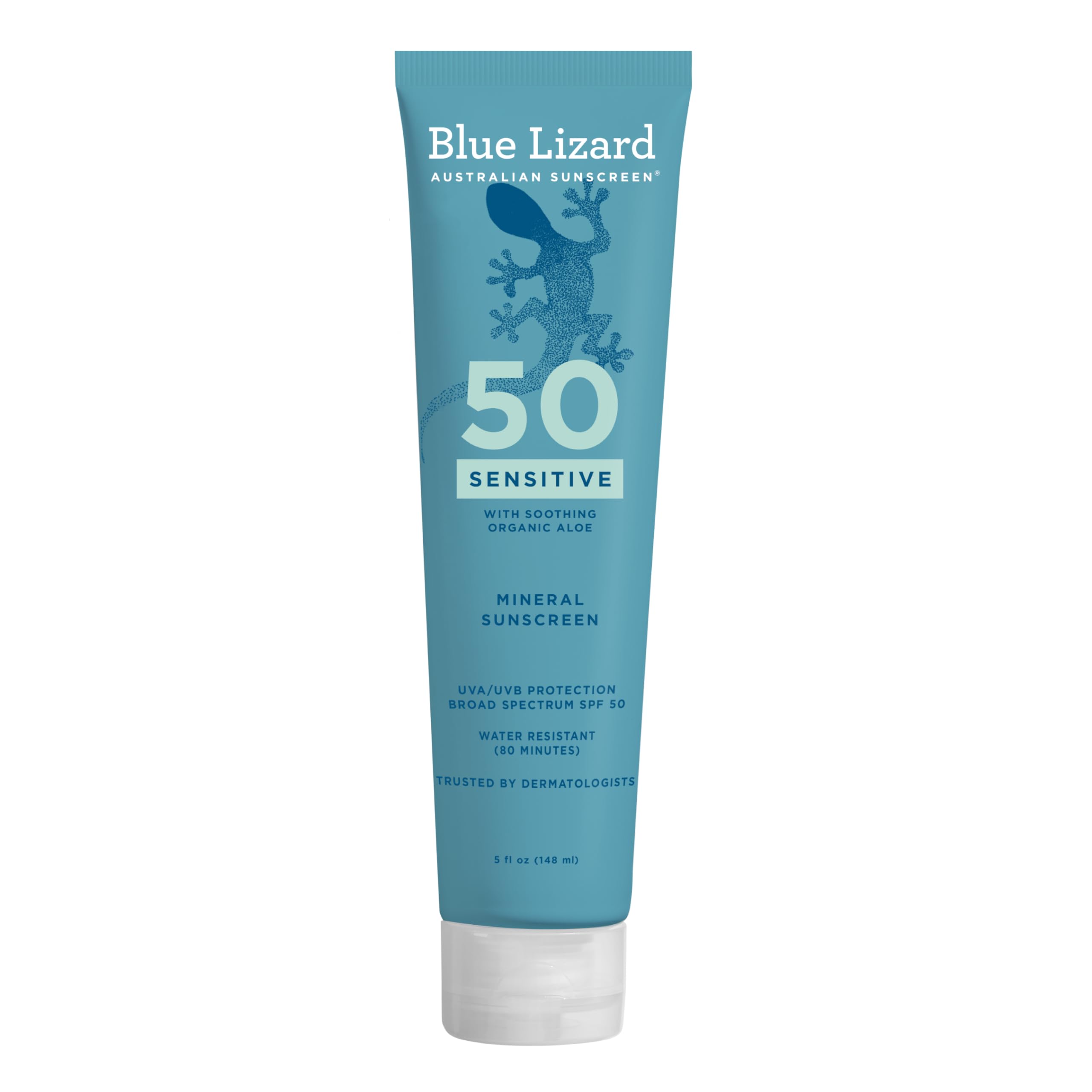 Blue Lizard Sensitive Mineral SPF 50 Sunscreen Lotion, 100% Mineral Sunscreen, UVA/UVB Protection, Infused with organic Aloe Vera, Soothes and Hydrates, 5 fl oz Halalzen
