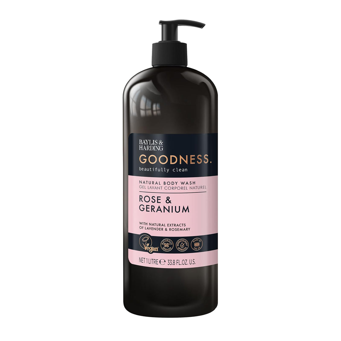 Baylis & Harding Goodness Rose & Geranium Natural Body Wash, 500 ml (Pack of 3) - Vegan Friendly