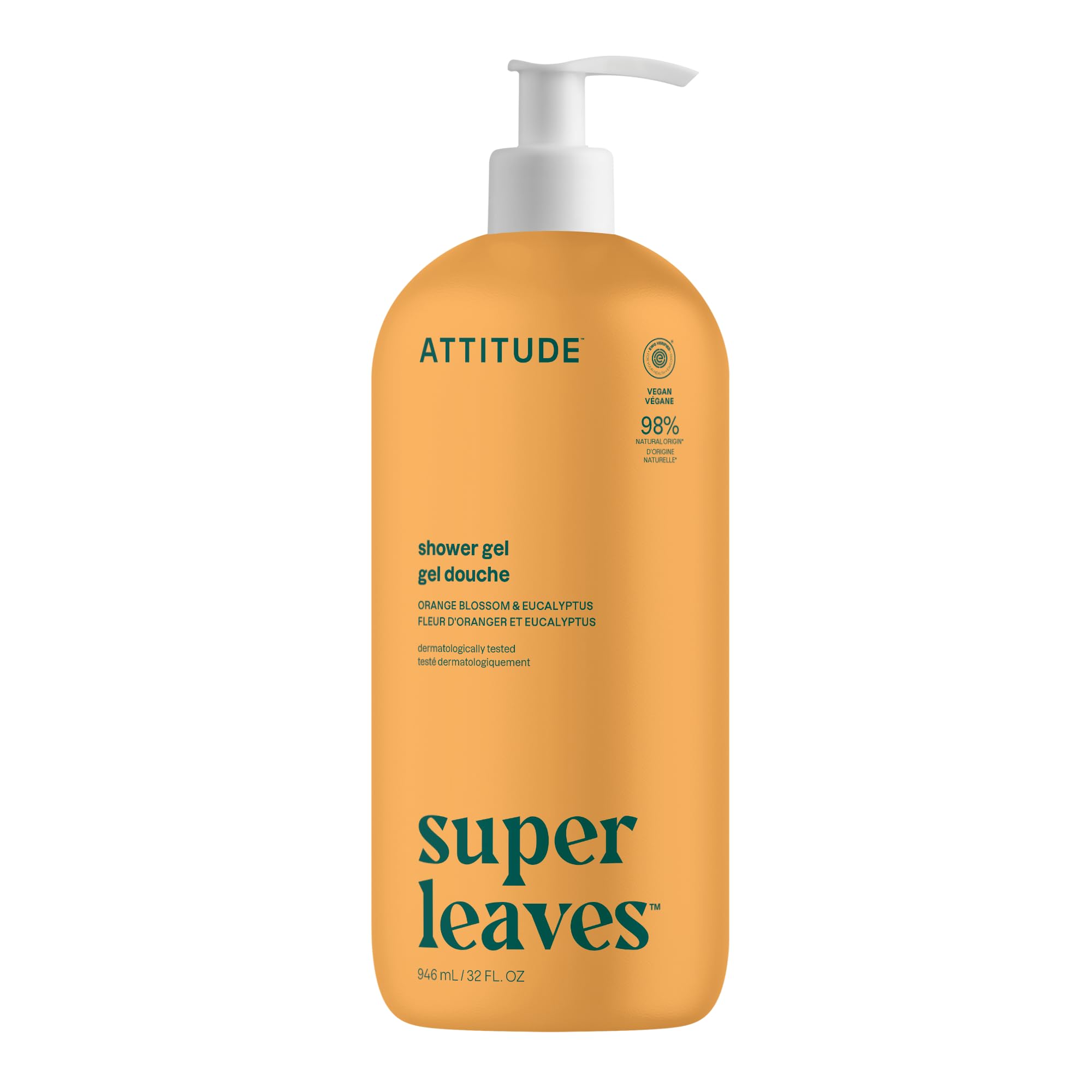 ATTITUDE Soothing Shower Gel, Dermatologically Tested, Plant and Mineral-Based, Vegan Personal Care Products, White Tea Leaves, 32 Fl Oz