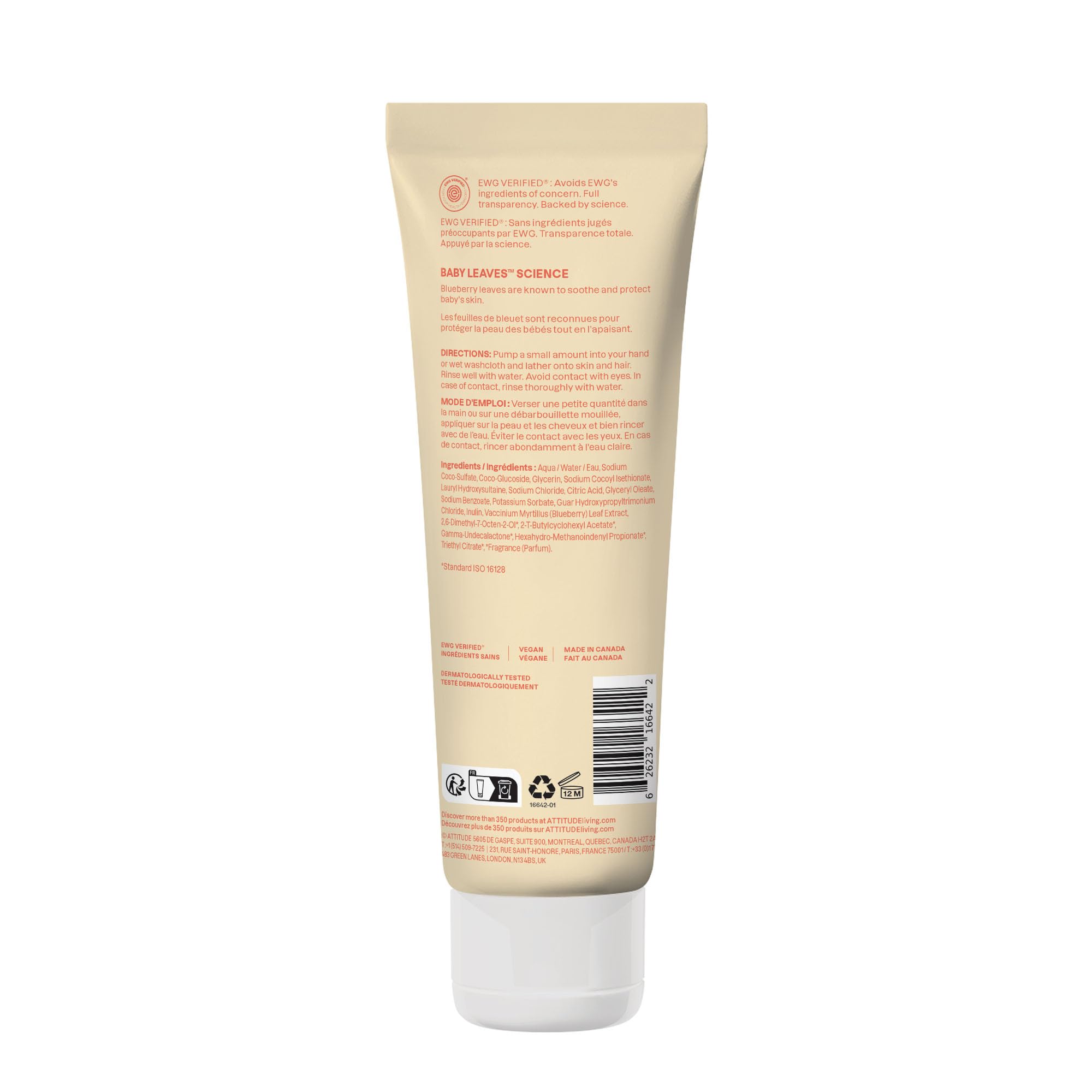 ATTITUDE 2in1 Hair Shampoo and Body Wash for Baby, Plant and Mineral-Based Gentle Formula, EWG Verified, Vegan Baby Products, Pear Nectar, 473 mL