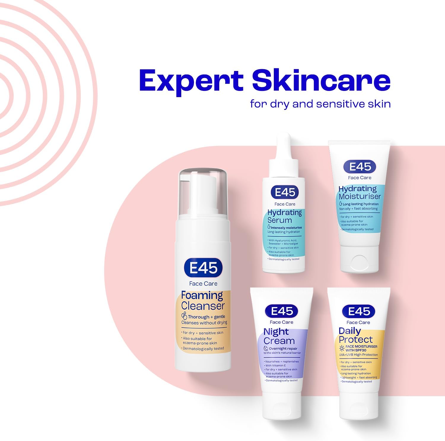 E45 Face Hydrating Serum - Instant 48-Hour Hyaluronic Acid Formula for Dry, Sensitive & Eczema Prone Skin - Rehydrating & Reinvigorating Serum – Perfume Free - Dermatologically Tested - 30ml