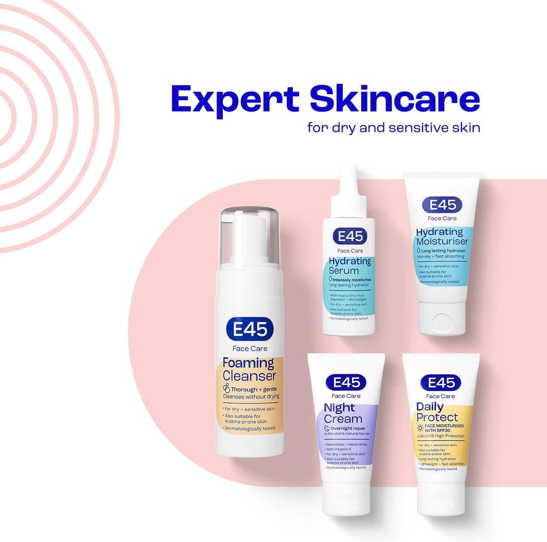 E45 Face Hydrating Serum - Instant 48-Hour Hyaluronic Acid Formula for Dry, Sensitive & Eczema Prone Skin - Rehydrating & Reinvigorating Serum – Perfume Free - Dermatologically Tested - 30ml