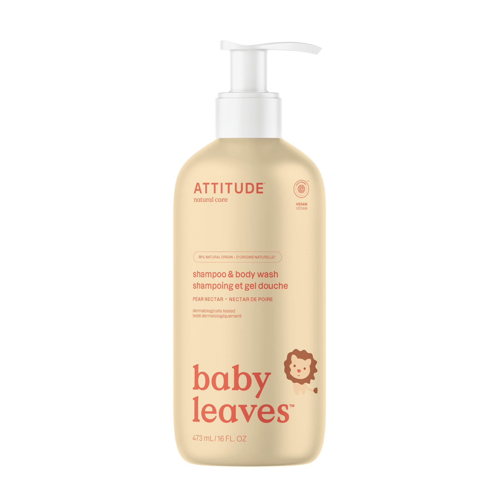 ATTITUDE 2in1 Hair Shampoo and Body Wash for Baby, Plant and Mineral-Based Gentle Formula, EWG Verified, Vegan Baby Products, Pear Nectar, 473 mL