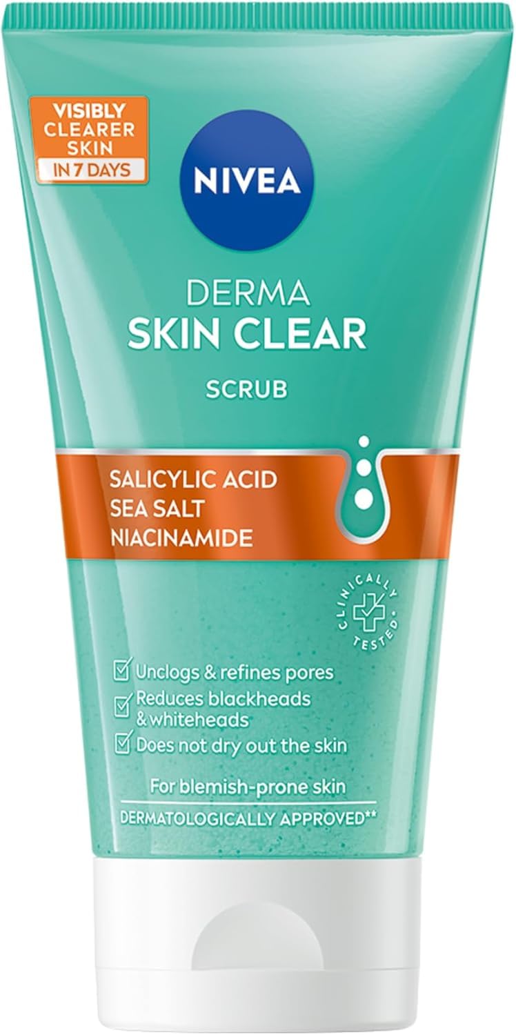 NIVEA Derma Skin Clear Scrub (150ml), Exfoliating Face Scrub, Salicylic Acid Face Wash Enriched with Niacinamide to Unclog Pores and Refine Textures, For Blemish-Prone Skin