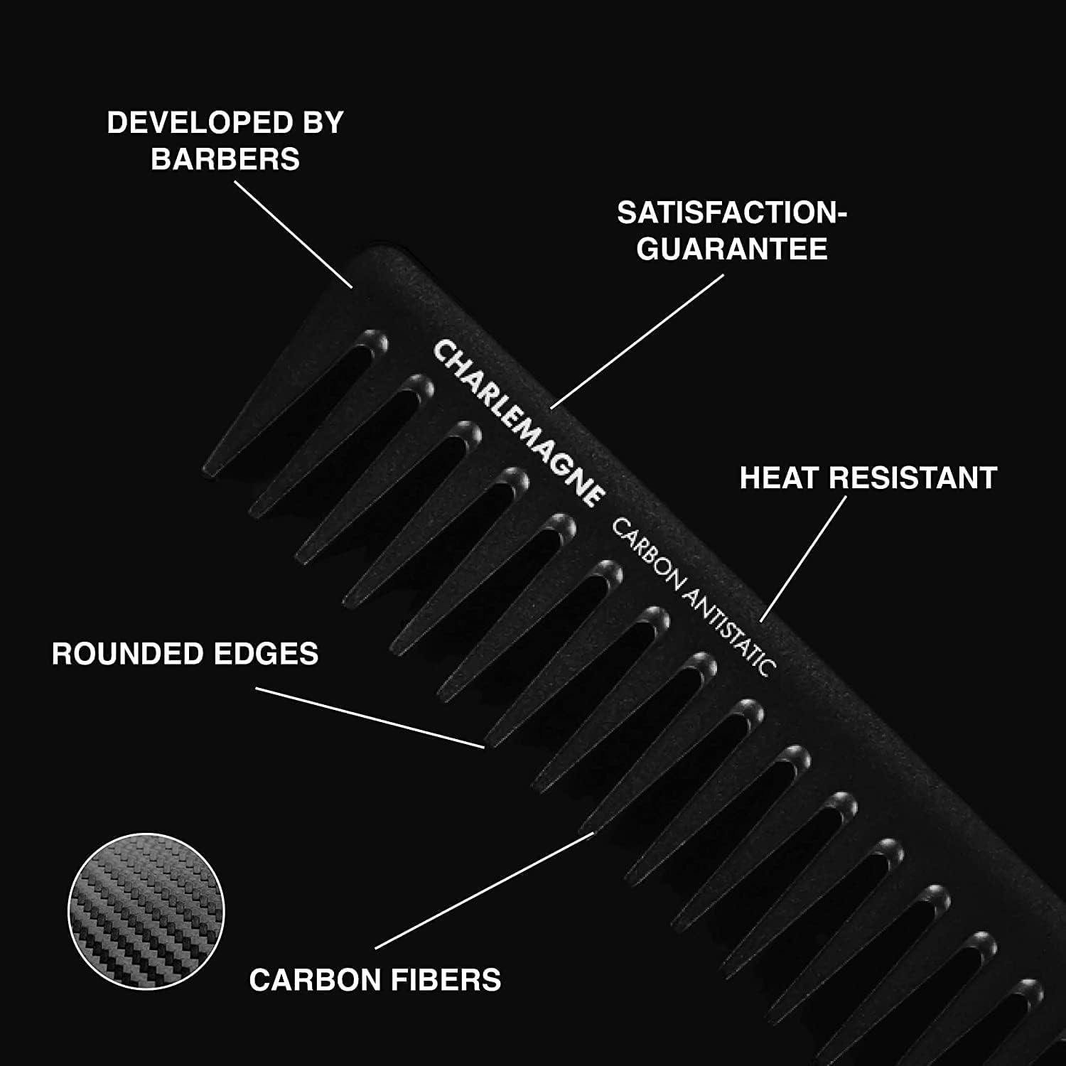 Charlemagne Carbon Fibre Hair Comb - Fine Tooth Mens Comb, 1 Pack - Carbon Cutting & Styling Tool for Men - Antistatic Grooming for Hair & Beard - Curl Detangling Tool for Mens Thick & Fine Locks Halalzen
