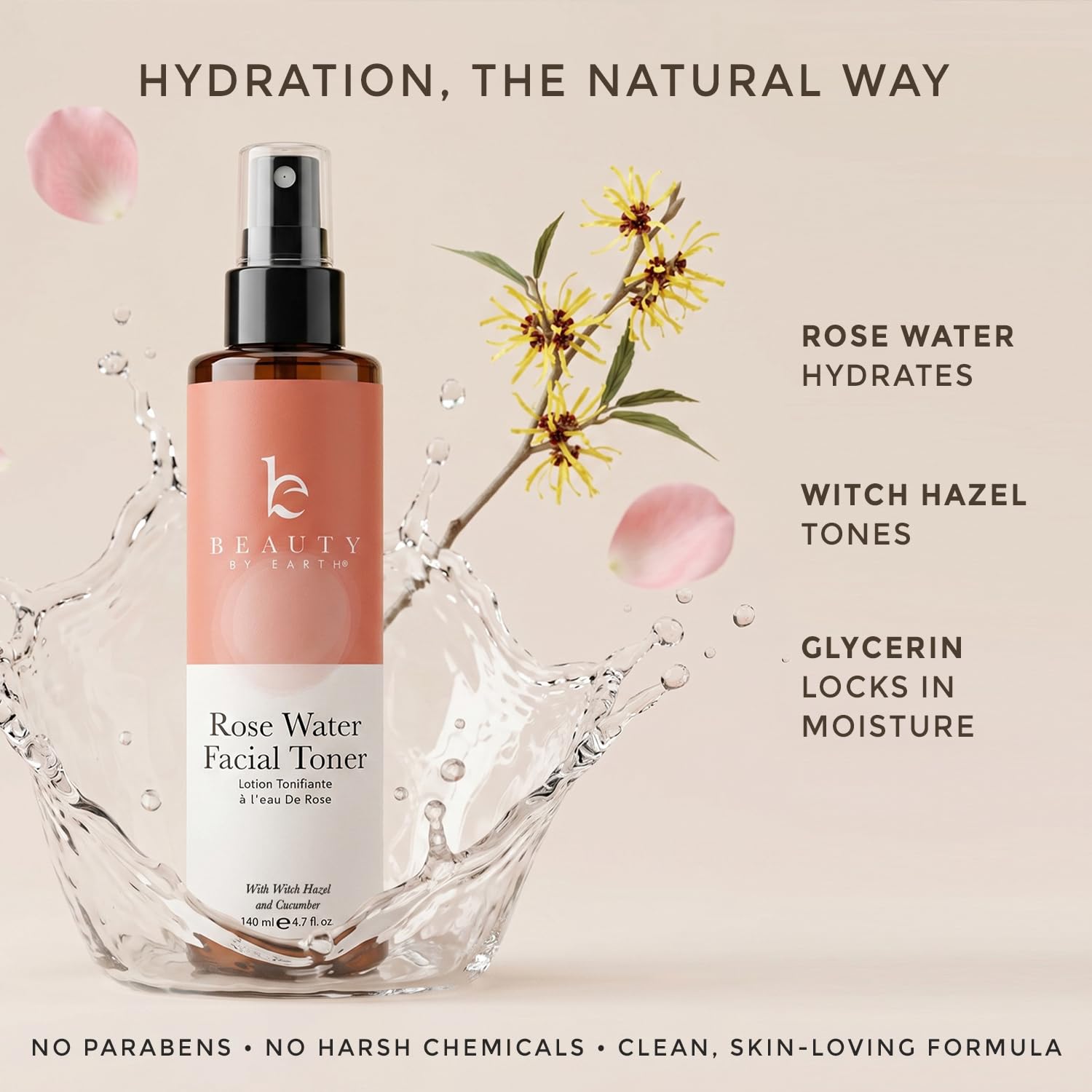 Spray d'eau de rose pour le visage - Fabriqué aux États-Unis avec des ingrédients naturels et biologiques hydratants pour une peau éclatante, tonique à l'eau de rose sans alcool avec hamamélis et glycérine pour peaux sèches et sensibles