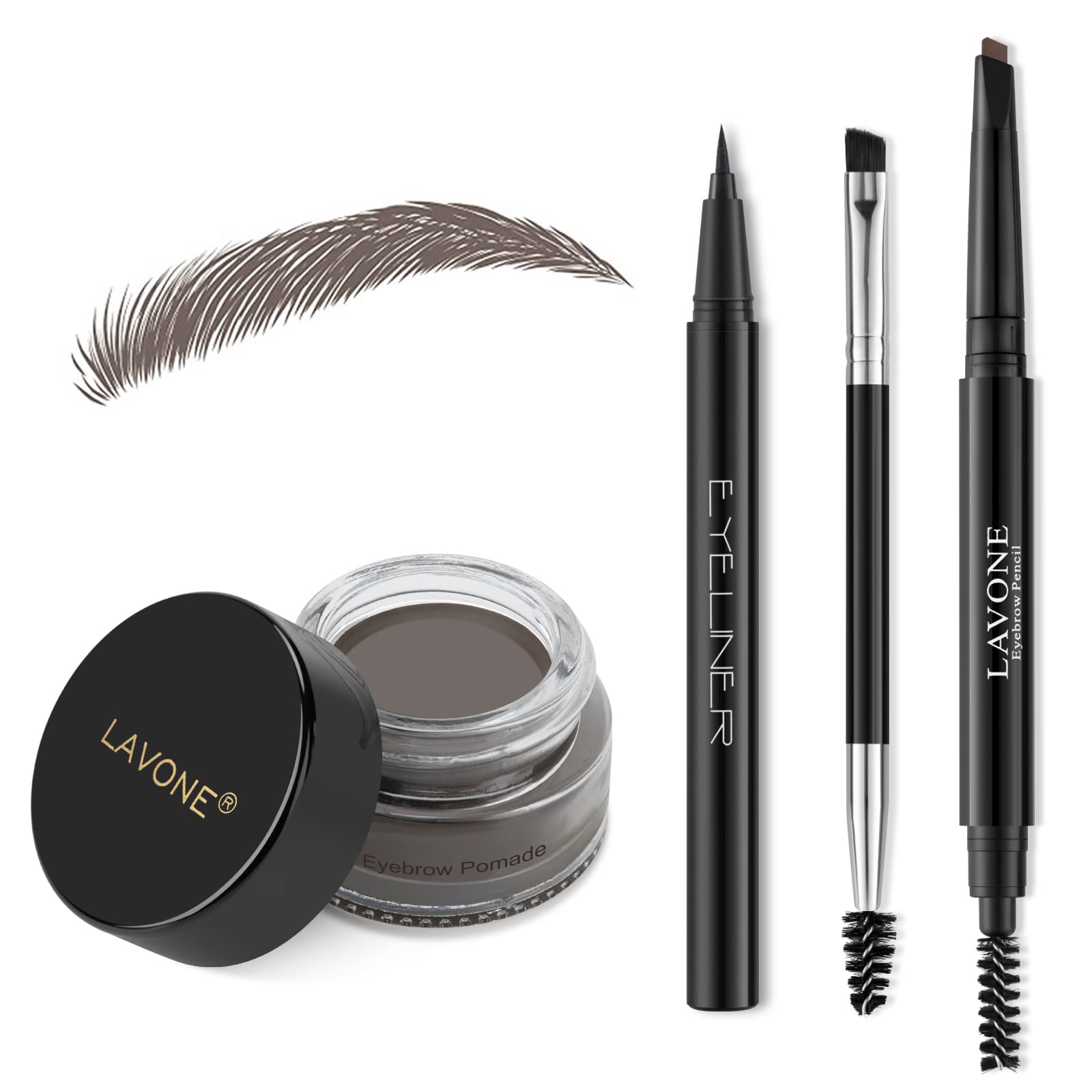 LAVONE Makeup Kit With Eyebrow Stamp Pencil, Waterproof Brow Pencil & Pomade, Eyeliner, Dual-ended Eyebrow Brush, Dark Brown