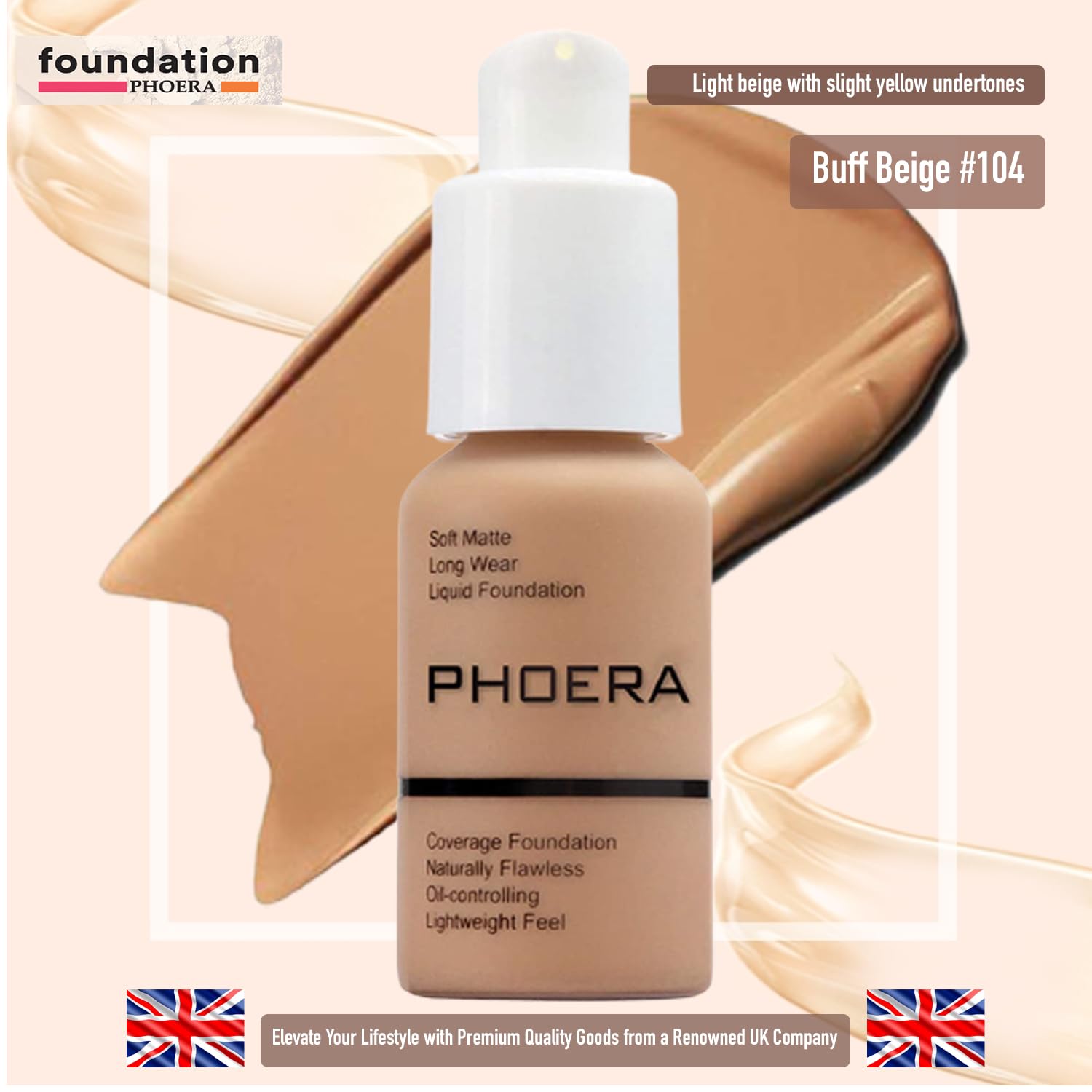 Glamza PHOERA Foundation Concealer Makeup Full Coverage Matte Brighten Long Lasting UK (104 BUFF BEIGE) Halalzen