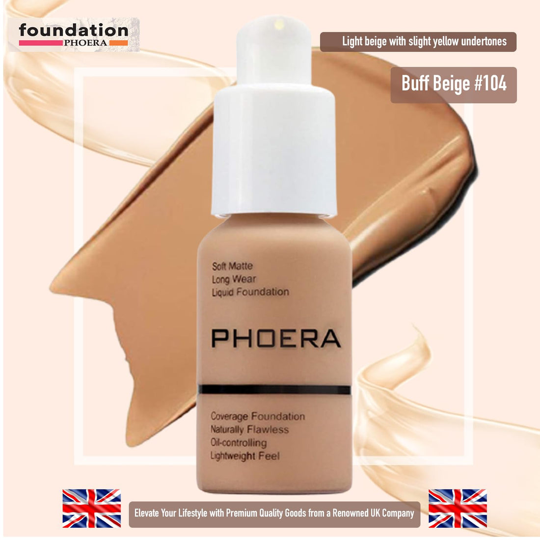 Glamza PHOERA Foundation Concealer Makeup Full Coverage Matte Brighten Long Lasting UK (104 BUFF BEIGE) Halalzen