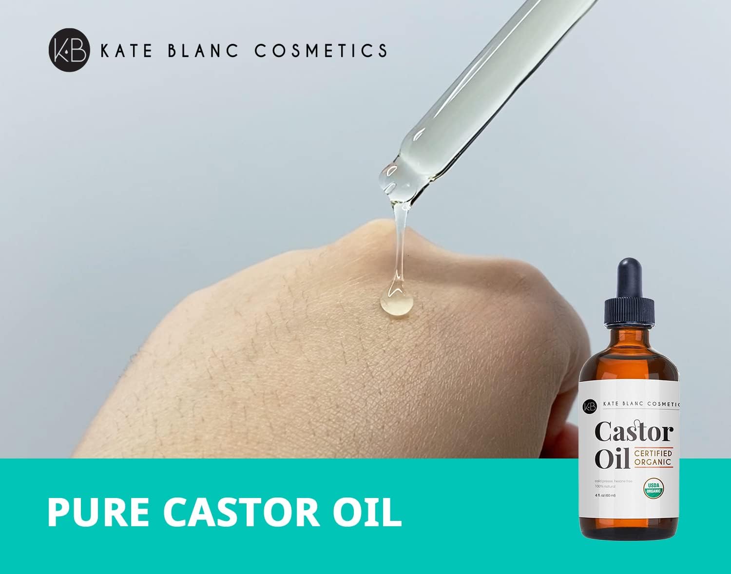 Kate Blanc Cosmetics Castor Oil Organic for Hair, Lashes, Face, Skin (2oz), 100% Pure, Cold Pressed, Hexane Free Hair Oil. Lash Serum for Thicker-Looking Eyelashes & Eyebrows Halalzen