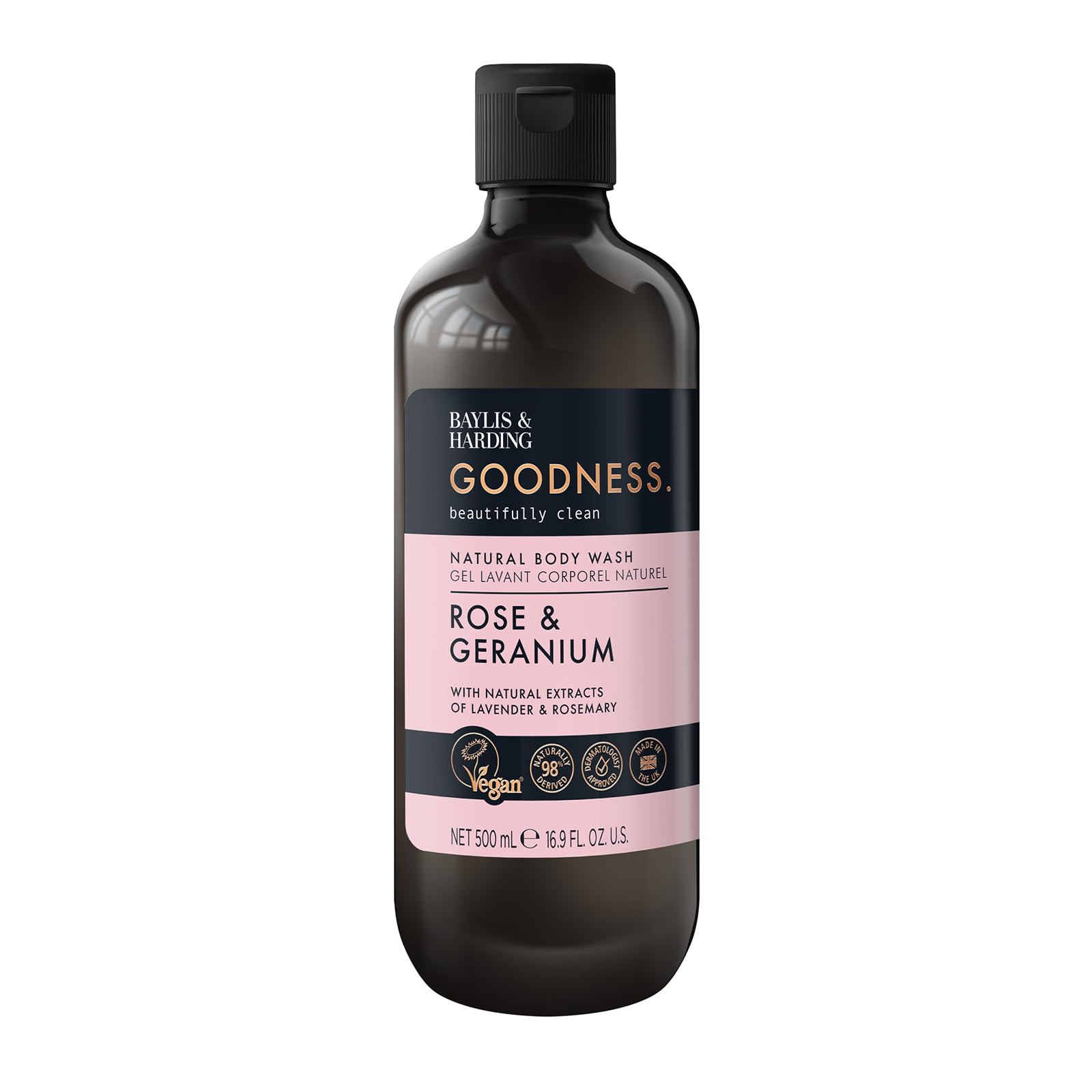 Baylis & Harding Goodness Rose & Geranium Natural Body Wash, 500 ml (Pack of 3) - Vegan Friendly