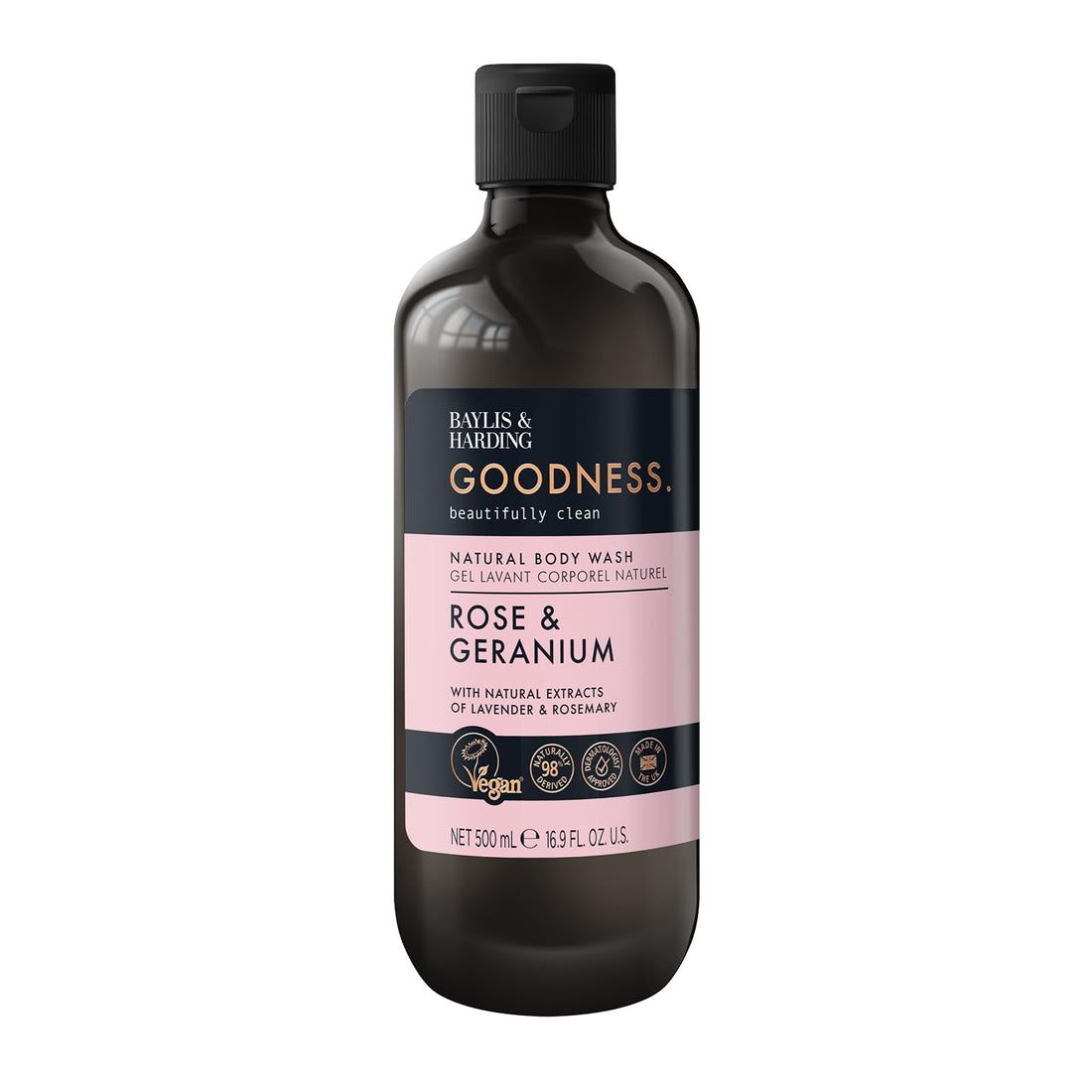 Baylis & Harding Goodness Rose & Geranium Natural Body Wash, 500 ml (Pack of 3) - Vegan Friendly