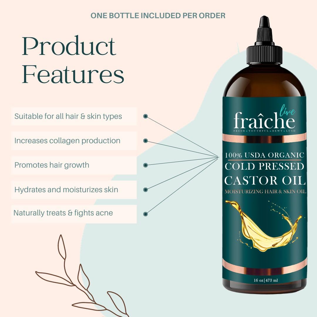 Live Fraiche Organic Castor Oil Lash Serum for Hair Growth, Eyebrow Eyelash Growth Serum, 100% Pure Cold Pressed Hexane Free (2oz Glass Bottle + FILLED Mascara Tube) Halalzen