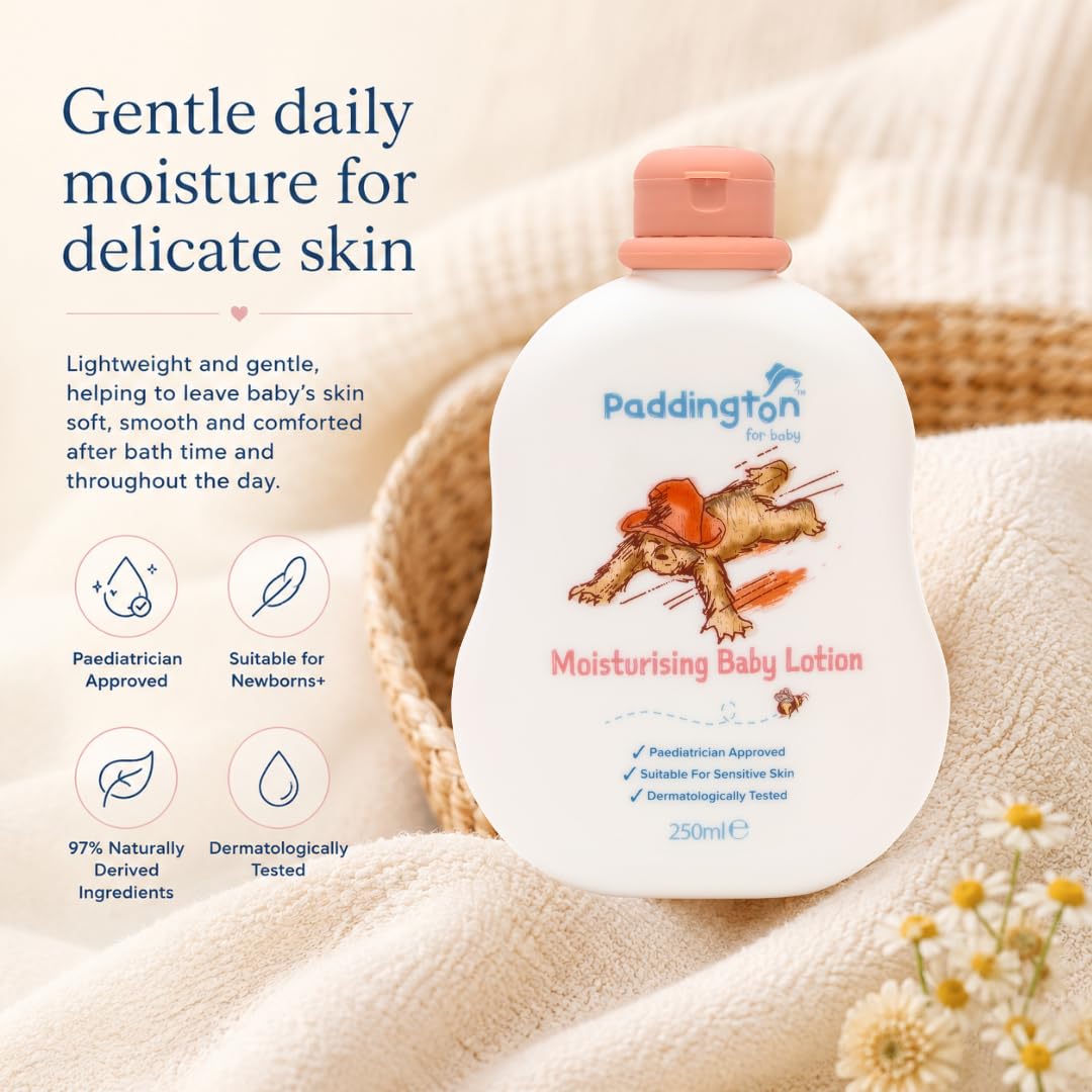 Paddington Bear Moisturising Baby Lotion 250ml – Gentle Baby Moisturiser for Newborns & Sensitive Skin – Paediatrician Approved, Dermatologically Tested, 97% Naturally Derived Ingredients Halalzen