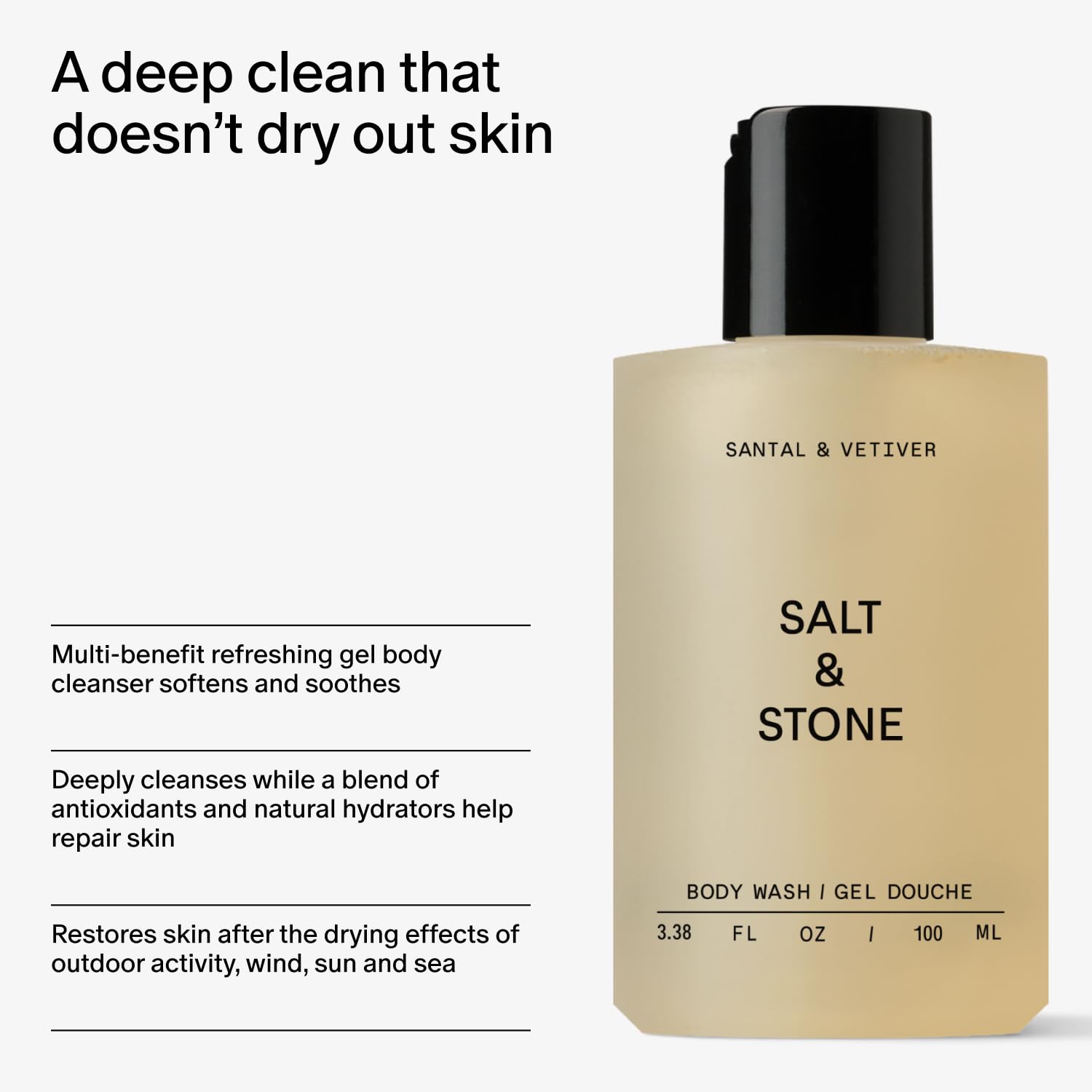 Salt & Stone Body Wash with Antioxidants for Deep Moisture | For Women & Men, Sulfate, Paraben, & Dye Free, Leaving Skin Soft and Hydrated | Bergamot & Hinoki 15.2 fl oz