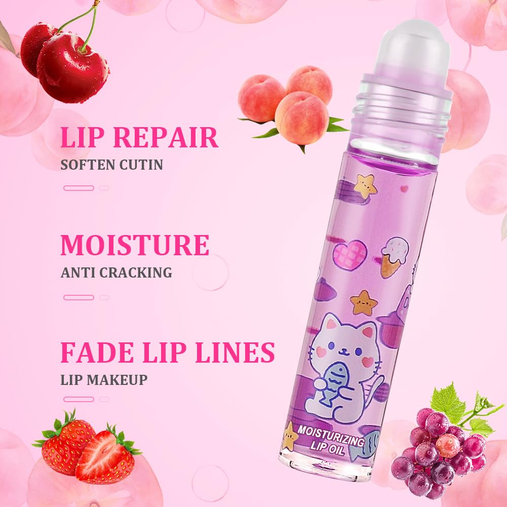 AOOWU 6 Pcs Hydrating Lip Oil Set, Fruit-Flavored Plumping Lip Oil, Long Lasting Lip Glow Balm Lip Care, Transparent Moisturizing No-Sticky Lip Gloss(Peaches,Orange,Avocado,Strawberry,Grape,Cherry)8ML