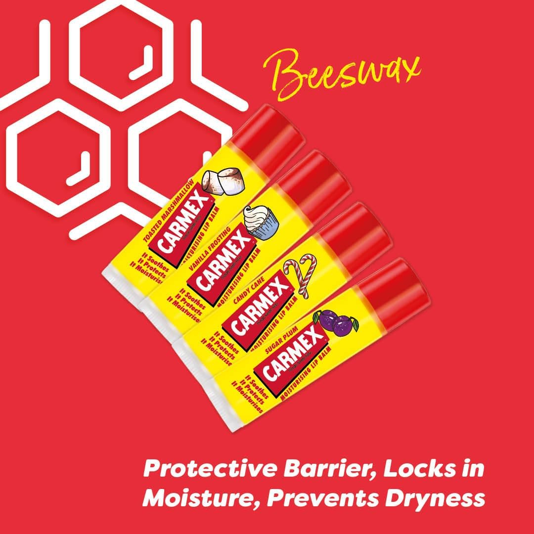 Carmex Lip Balm Set – Pack of 4 | Marshmallow, Vanilla, Candy Cane & Sugar Plum | 24H Hydration | Visibly Softer Lips After 1 Use | Travel-Friendly| Clinically Proven to Reduce Dryness & Fine Lines Halalzen