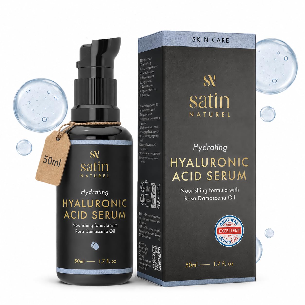 Satin Naturel High-Dose Hyaluronic Serum 100 ml – Organic Hyaluronic Acid Facial Serum – Anti-Aging Moisturizing Serum – Vegan – 24h Hydration – Facial Care for Women and Men
