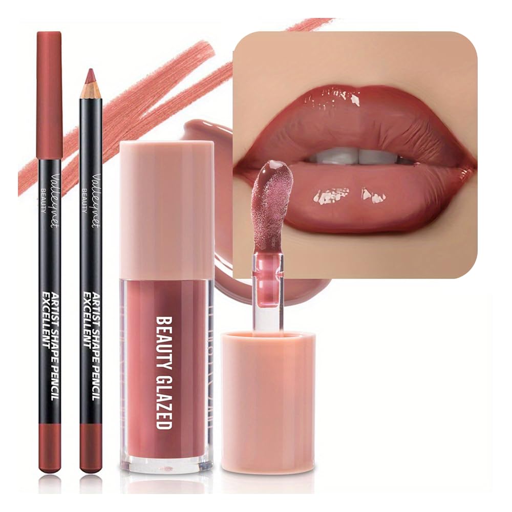 Lip Gloss and Lip Liner Set, Tinted Lip Gloss with Lip Pencil, Waterproof Long Lasting Glossy Lip Combo, Nude Lip Makeup Kit for Women (#V02+104) Halalzen