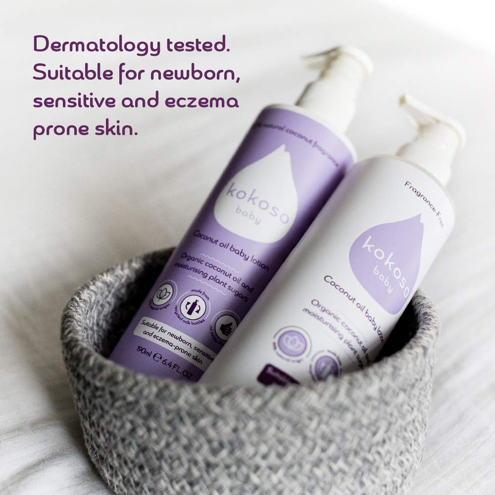 Kokoso Baby - Coconut Oil Baby Lotion, Unfragranced - Organic Coconut Oil & Sweet Almond Oil - Moisturises & Nourishes - Suitable for Dry, Sensitive & Eczema Prone Skin - 190ml Halalzen