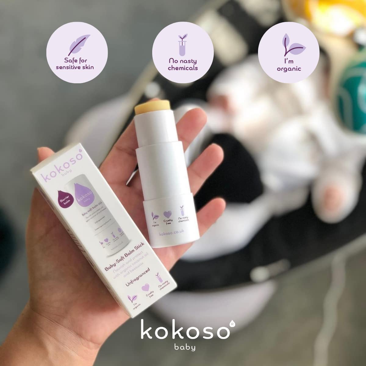 Kokoso Baby Soft Balm Stick, Organic Lavender, Great for Dry Hands, Sore Lips and Chapped Cheeks, Protects Dribbly Chins and Soothes Dribble Rash, 100% Natural & Organic Ingredients, 13g Halalzen